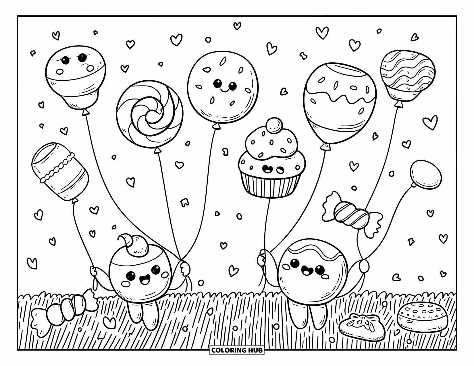 Desenho de Doces para Colorir para Adultos: Um festival de balões de doces com balões em forma de pirulitos e cupcakes, cercado por confetes de coração