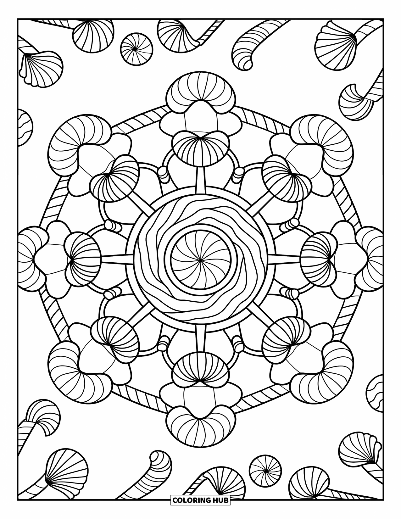 Desenho de Doces para Colorir para Adultos: Uma mandala de doces feita de pirulitos, bengalas doces e chocolates, formando anéis intrincados