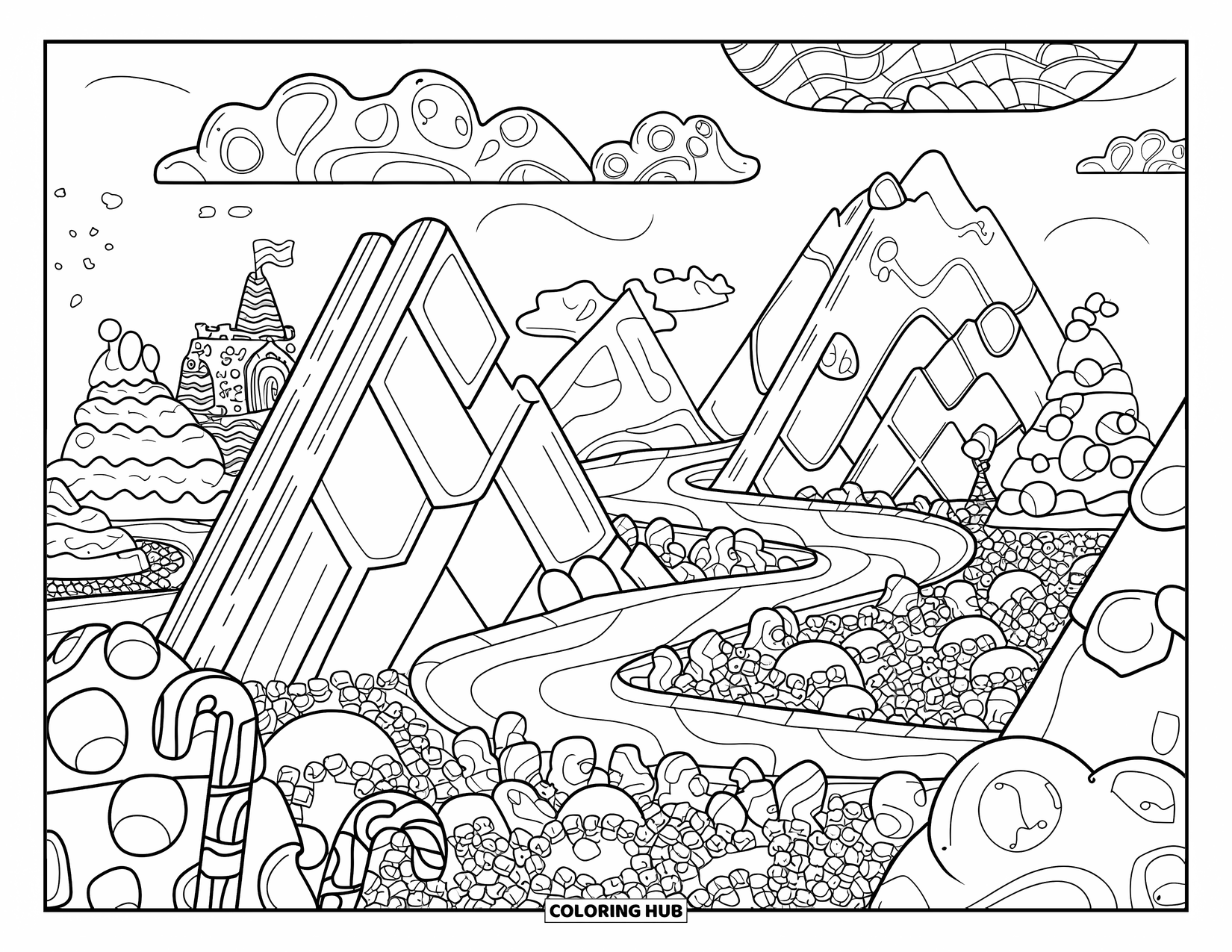 Desenho de Doces para Colorir para Adultos: Um planeta de doces com montanhas de barra de chocolate, rios de alcaçuz, nuvens de marshmallow e árvores de bengala doce