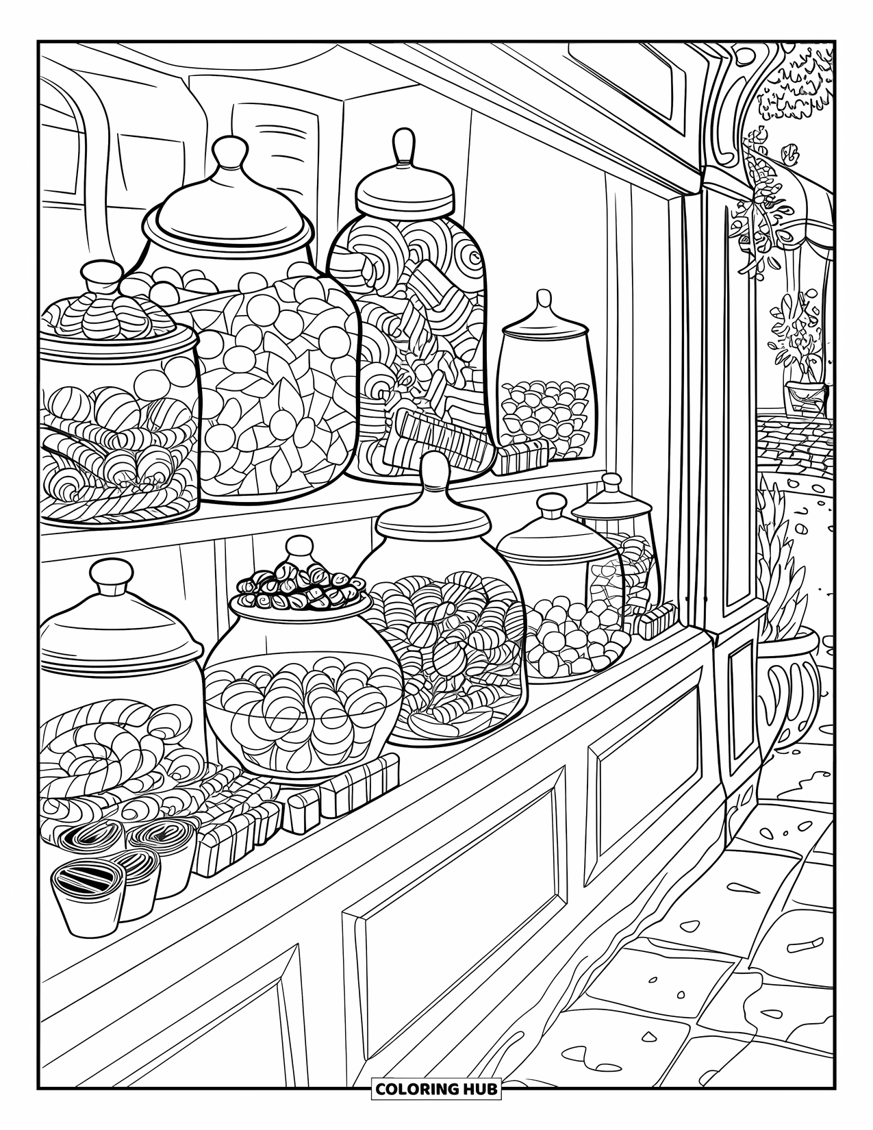 Desenho de Doces para Colorir para Adultos: Uma vitrine de loja de doces com potes de guloseimas e uma moldura de madeira, situada em uma rua com plantas e pedras