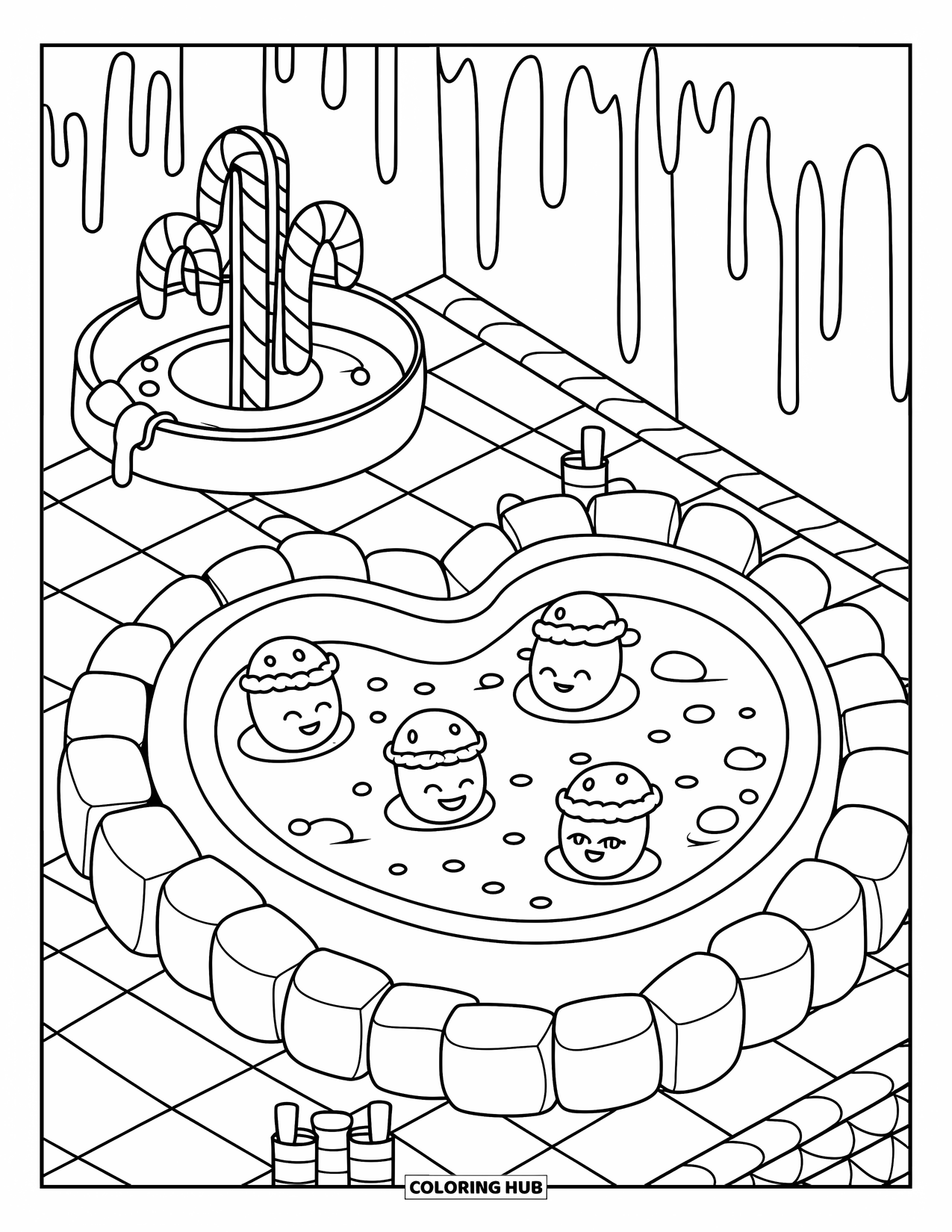 Desenho de Doces para Colorir para Adultos: Um spa com tema de doces com banho de chocolate, personagens de jujuba e uma fonte de bengala doce por perto