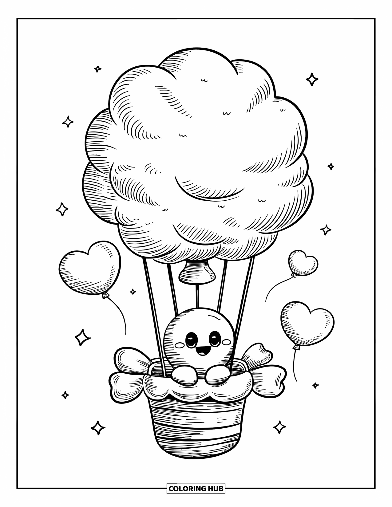 Desenho de Doces para Colorir para Adultos: Um passeio de balão de algodão doce com um pequeno personagem de doce em uma cesta doce e balões de coração