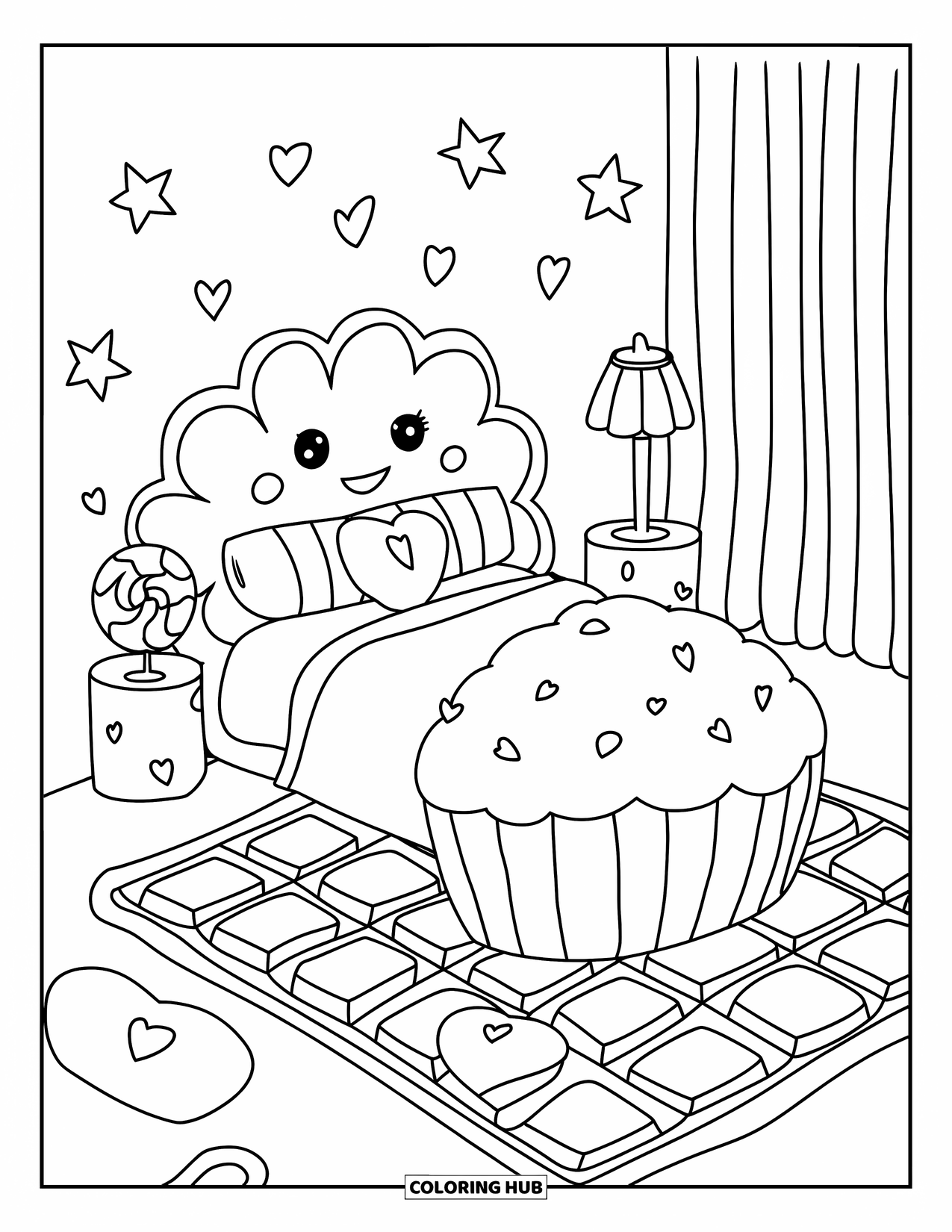 Desenho de Doces para Colorir para Adultos: Um quarto fofo com uma cama em forma de cupcake, luminária de pirulito e almofadas de doces espalhadas