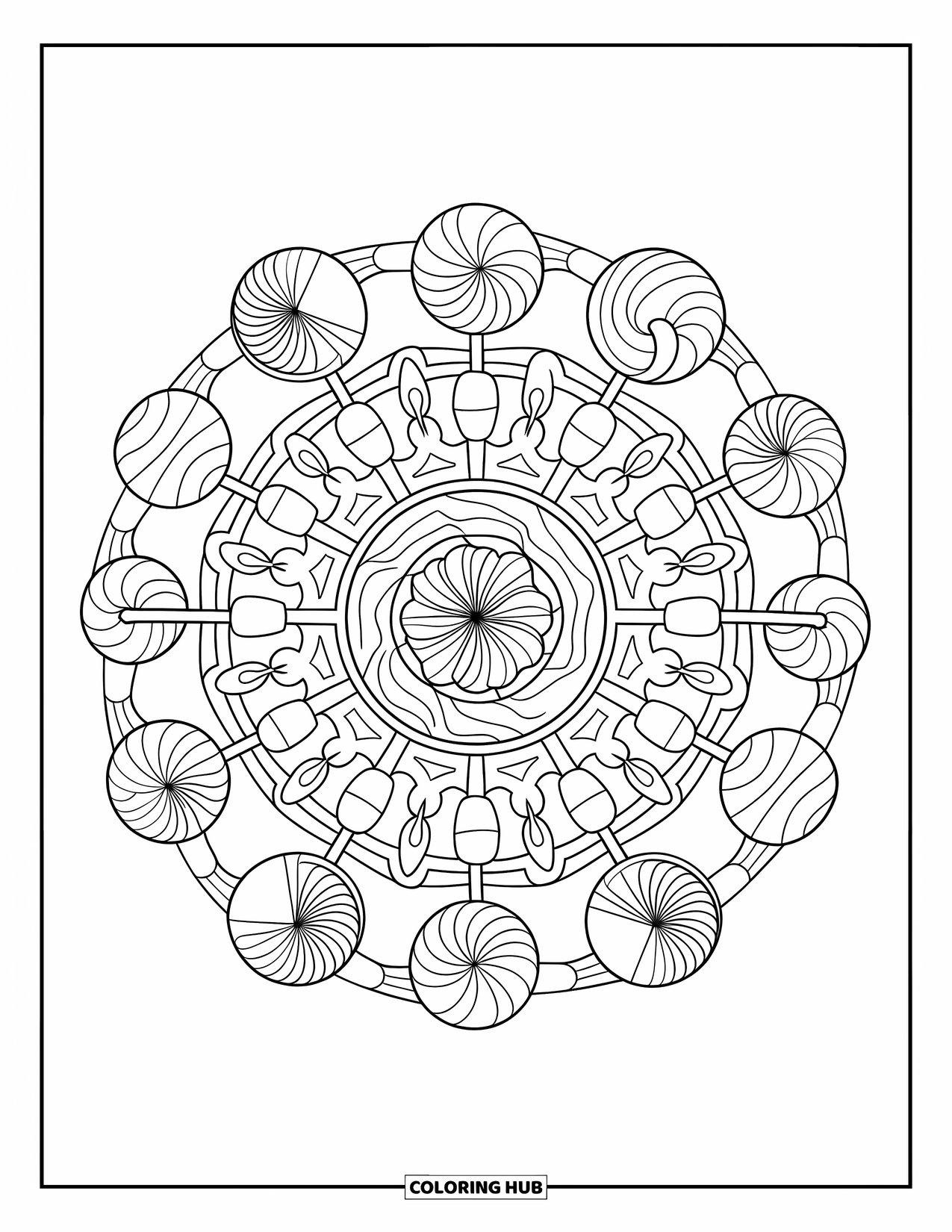 Desenho de Doces para Colorir para Adultos: Uma mandala de doces detalhada com pirulitos, bengalas doces e chocolates, perfeita para colorir de forma intrincada