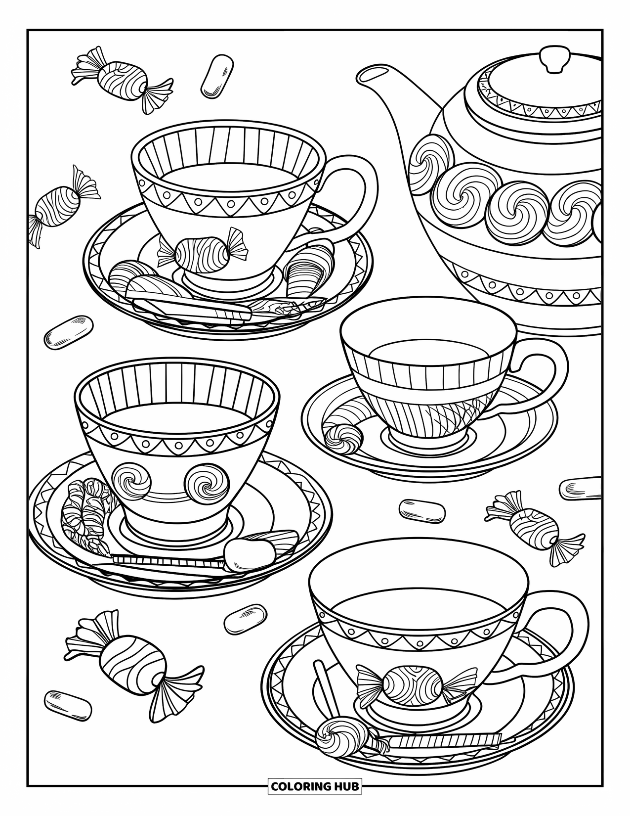 Desenho de Doces para Colorir para Adultos: Um conjunto de chá detalhado com motivos de doces, como redemoinhos e jujubas, cercado por ilustrações de doces