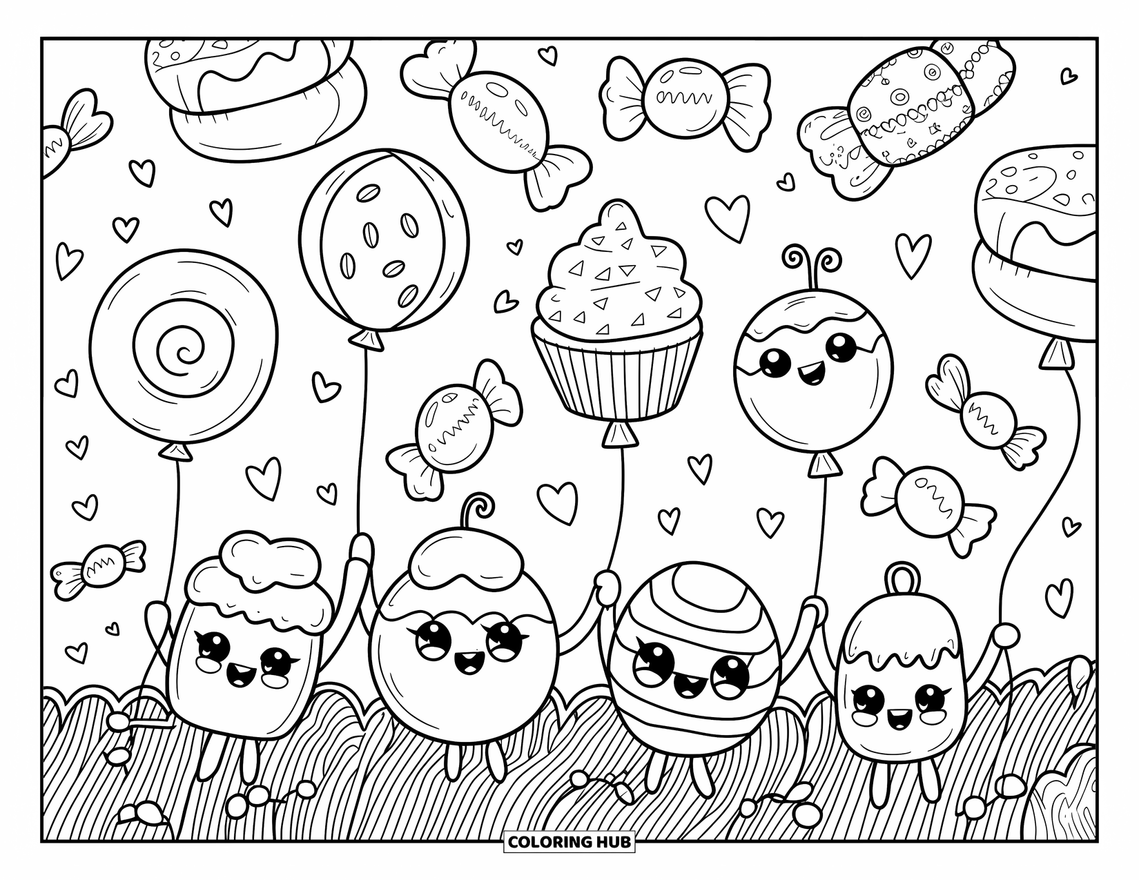Desenho de Doces para Colorir para Adultos: Um campo com balões em forma de doce e personagens de doces fofos segurando-os, com confetes de coração caindo