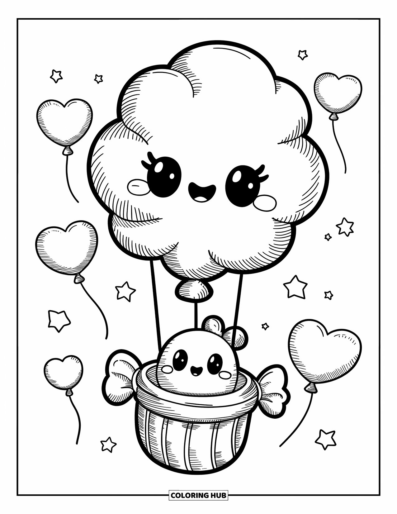 Desenho de Doces para Colorir para Adultos: Um balão de algodão doce fofo levantando um pequeno personagem de doce com balões em forma de coração e estrelas