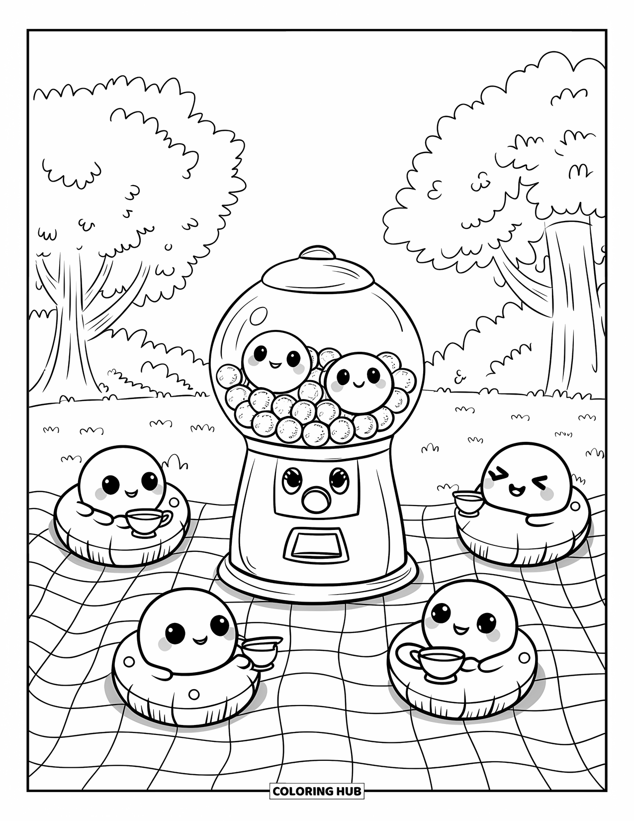 Desenho de Doces para Colorir para Adultos: Uma máquina de chiclete kawaii em um piquenique com doces segurando xícaras de chá e relaxando em almofadas