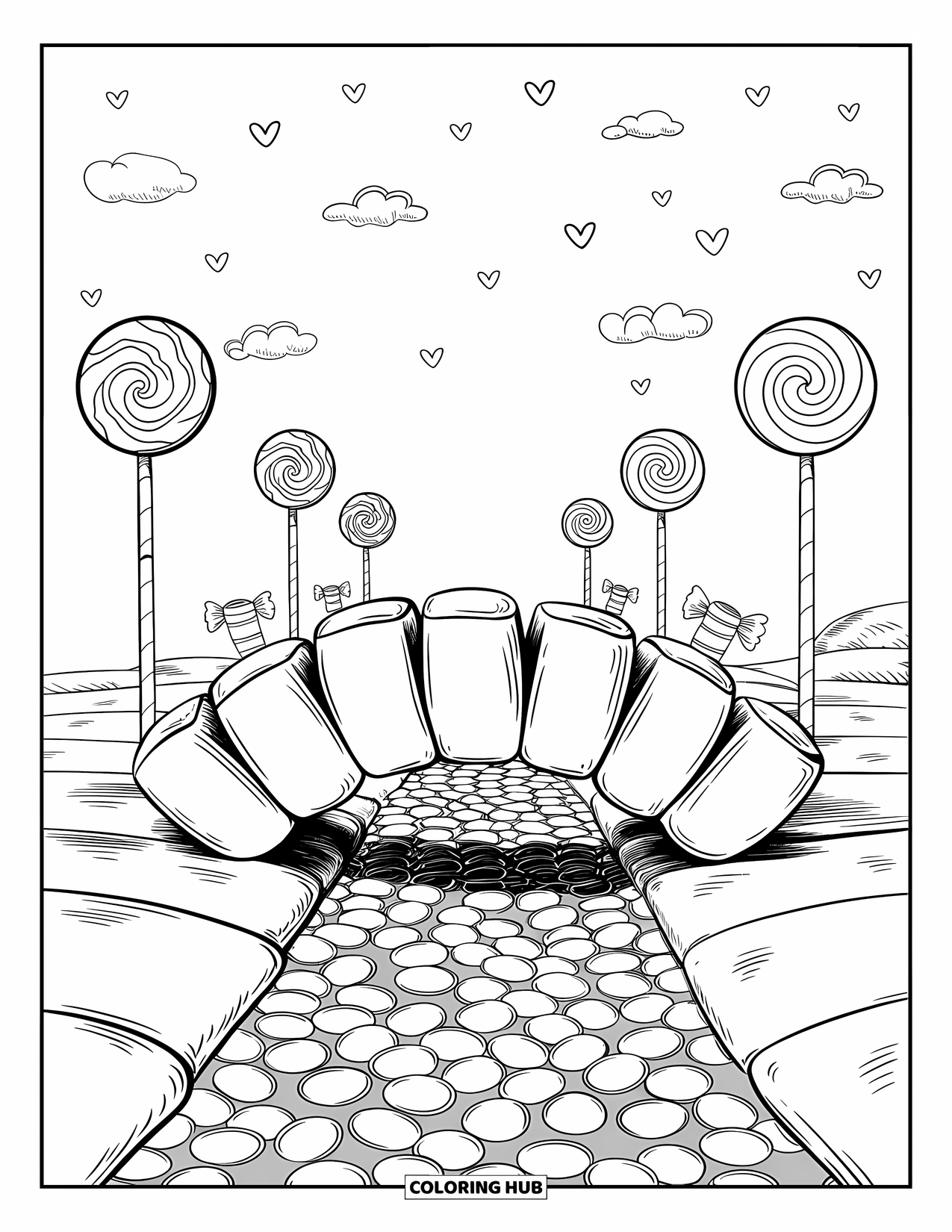Desenho de Doces para Colorir para Adultos: Uma ponte de marshmallow arqueando sobre um rio de jujubas, com postes de luz de pirulito e nuvens de coração