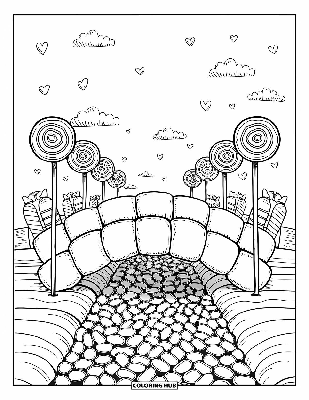 Desenho de Doces para Colorir para Adultos: Uma ponte de marshmallow sobre um rio de jujubas, alinhada com postes de luz de pirulito e nuvens em forma de coração