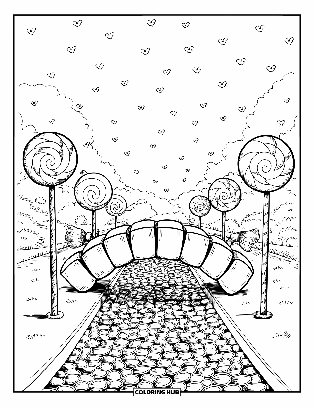 Desenho de Doces para Colorir para Adultos: Uma ponte de marshmallow sobre um rio de jujubas com luzes de pirulito e nuvens em forma de coração acima