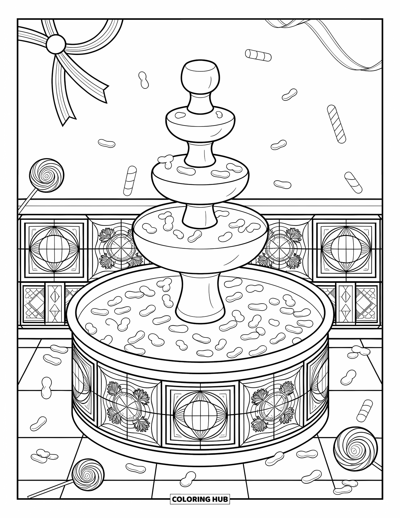 Desenho de Doces para Colorir para Adultos: Uma fonte de doces de vários níveis com azulejos de doces, jujubas, bengalas doces e pirulitos ao redor