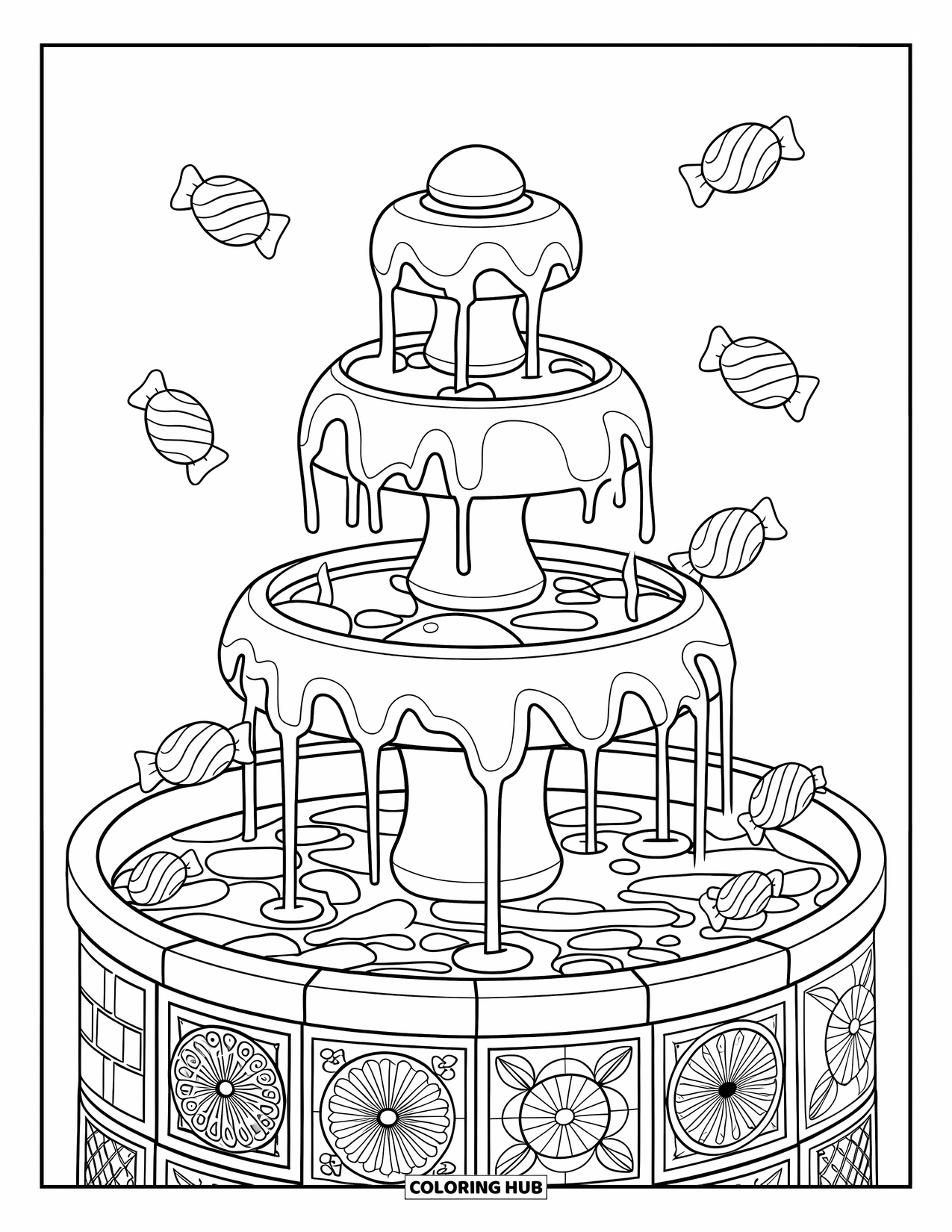 Desenho de Doces para Colorir para Adultos: Uma fonte de doces de vários níveis com doce líquido fluindo, cercada por azulejos de doces e jujubas