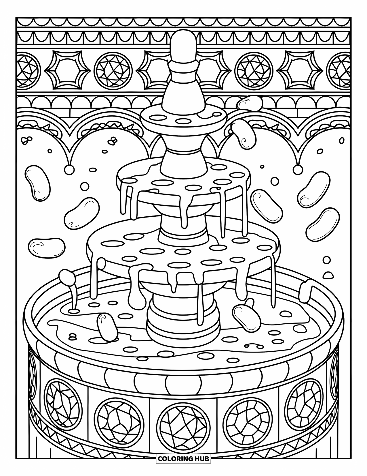 Desenho de Doces para Colorir para Adultos: Uma fonte de doces de vários níveis com doce líquido fluindo, cercada por azulejos e jujubas