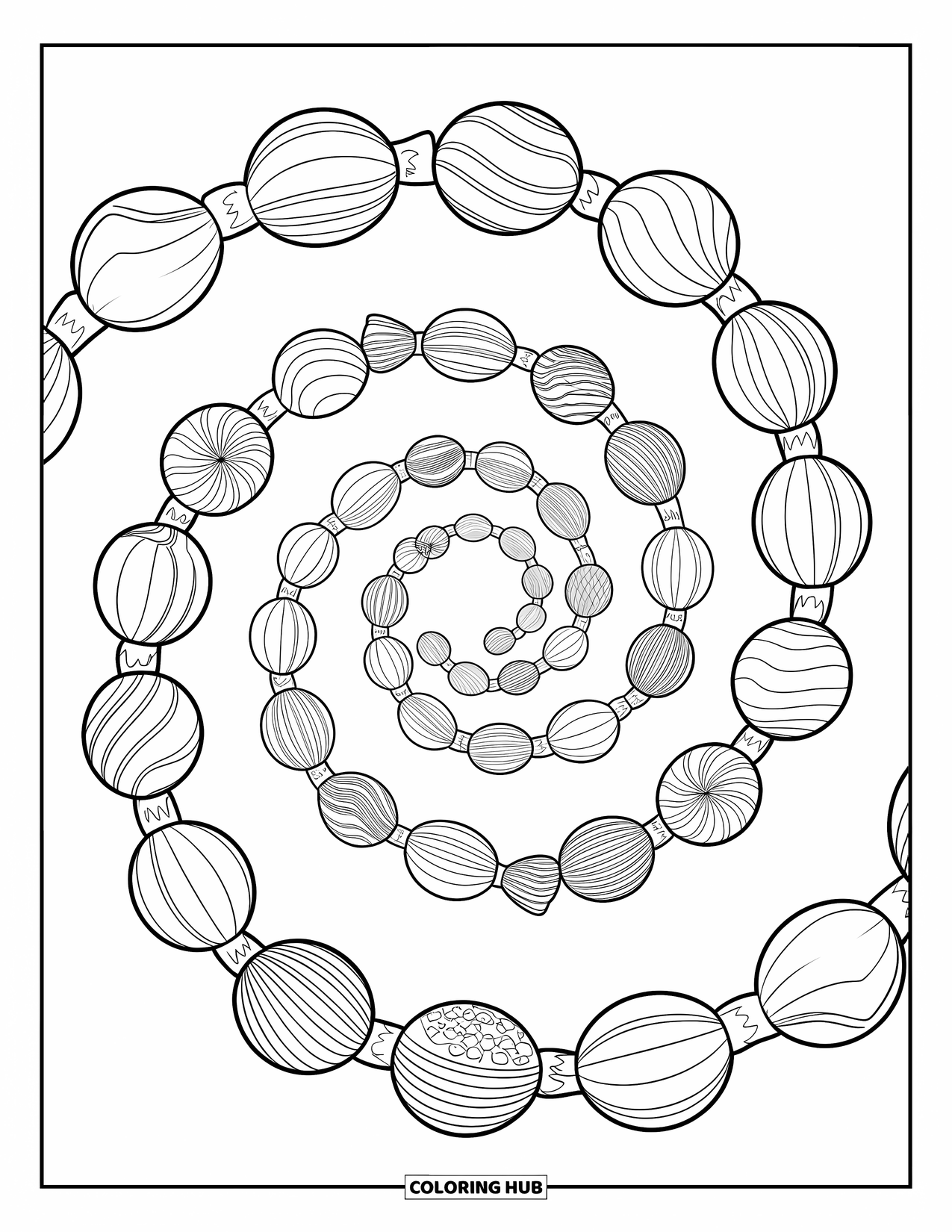 Desenho de Doces para Colorir para Adultos: Uma espiral de doces embalados em um círculo, com contornos limpos e sem texturas, adequado para colorir