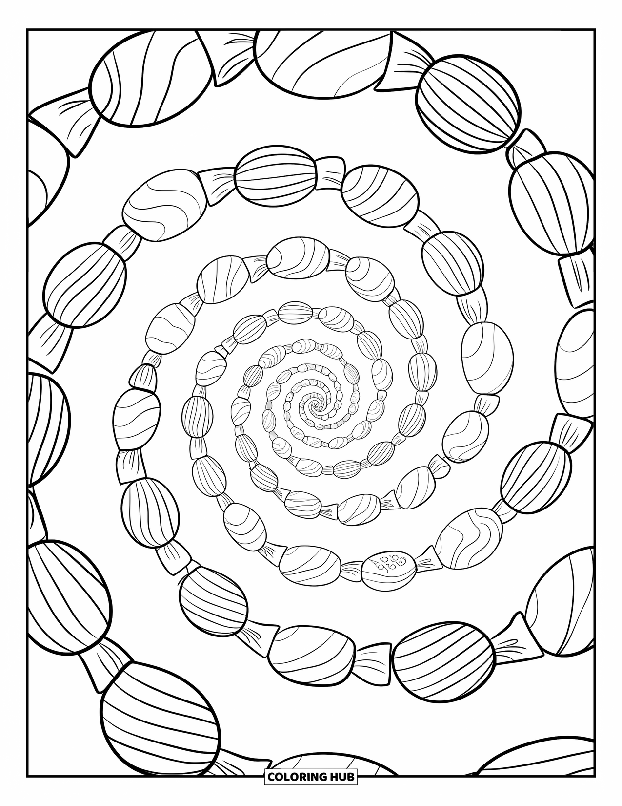 Desenho de Doces para Colorir para Adultos: Uma espiral de doces embalados em várias formas, criando um padrão hipnótico e intrincado