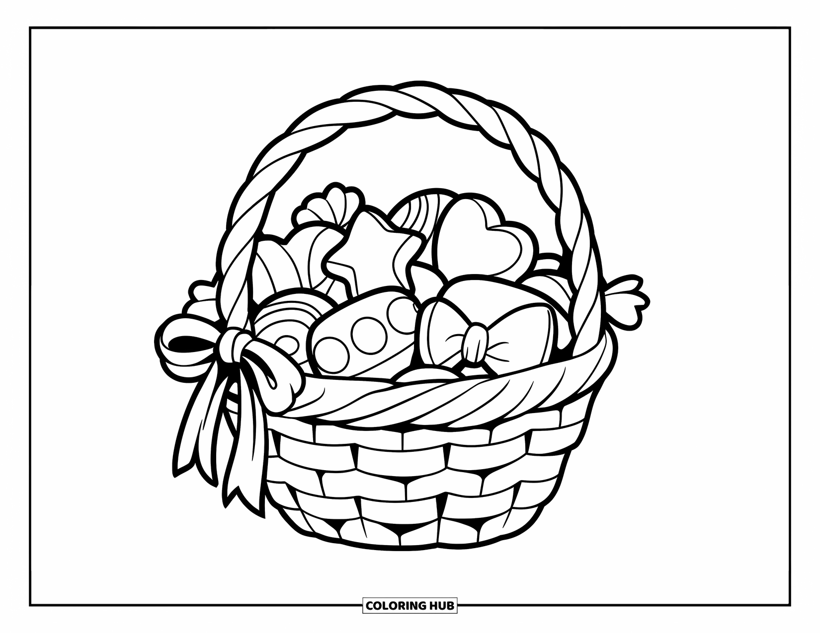 Desenho de Doces para Colorir para Crianças: Uma cesta cheia de doces grandes em vários formatos, amarrada com uma fita