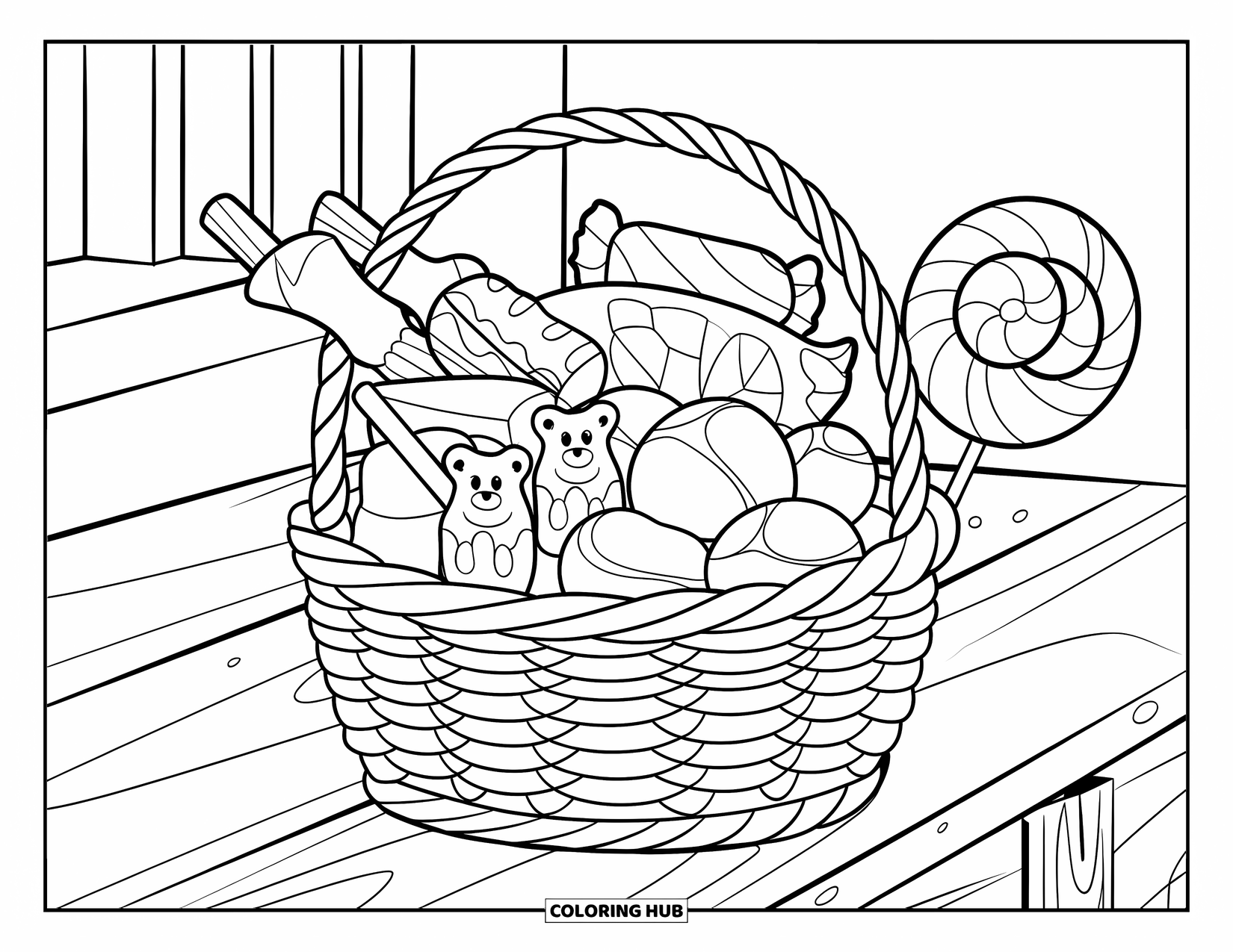 Desenho de Doces para Colorir para Crianças: Uma cesta cheia de doces grandes, incluindo chocolates, gomas e pirulitos, em uma superfície de madeira