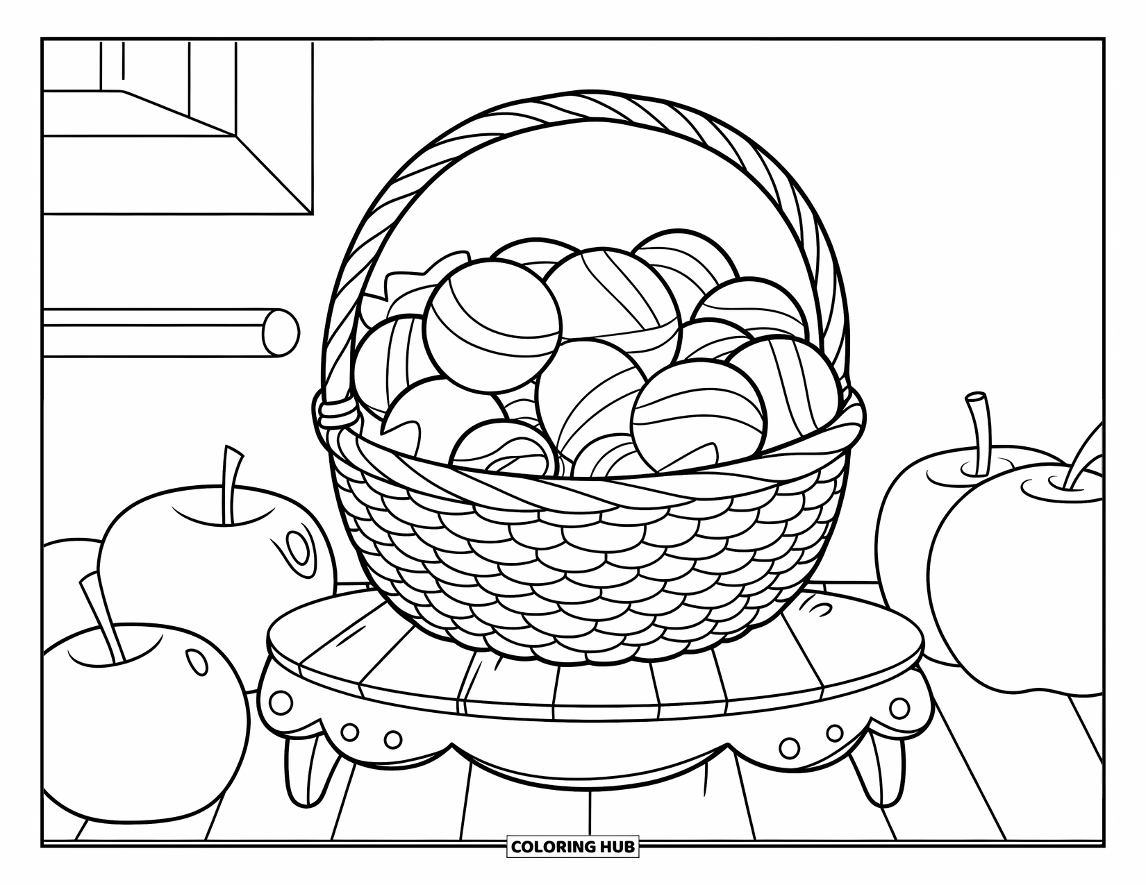 Desenho de Doces para Colorir para Crianças: Uma cesta cheia de doces grandes, sentada em um suporte de madeira com maçãs e laranjas por perto
