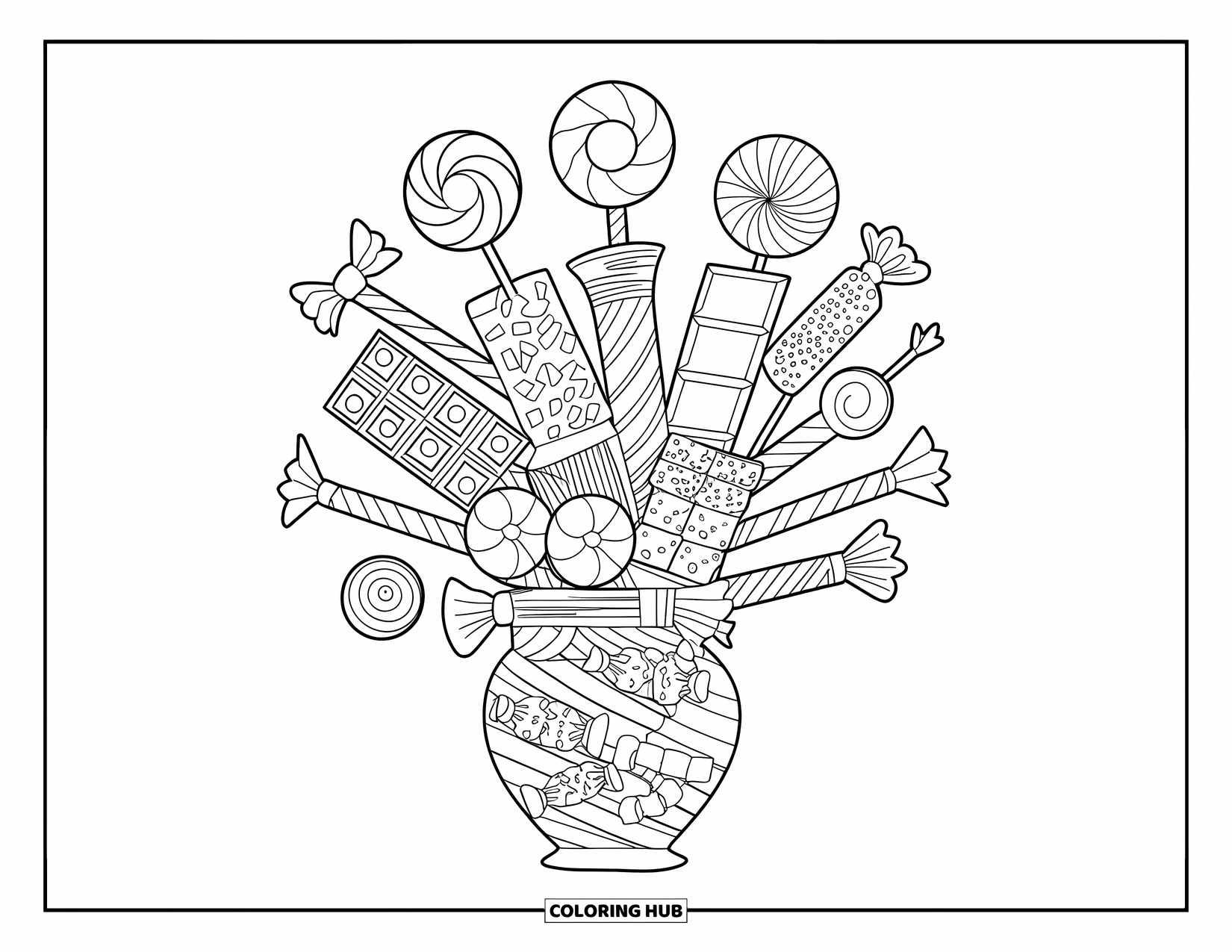 Desenho de Doces para Colorir para Crianças: Um buquê de doces feito de vários doces embrulhados, como palitos de alcaçuz, barras de chocolate e ursinhos de goma