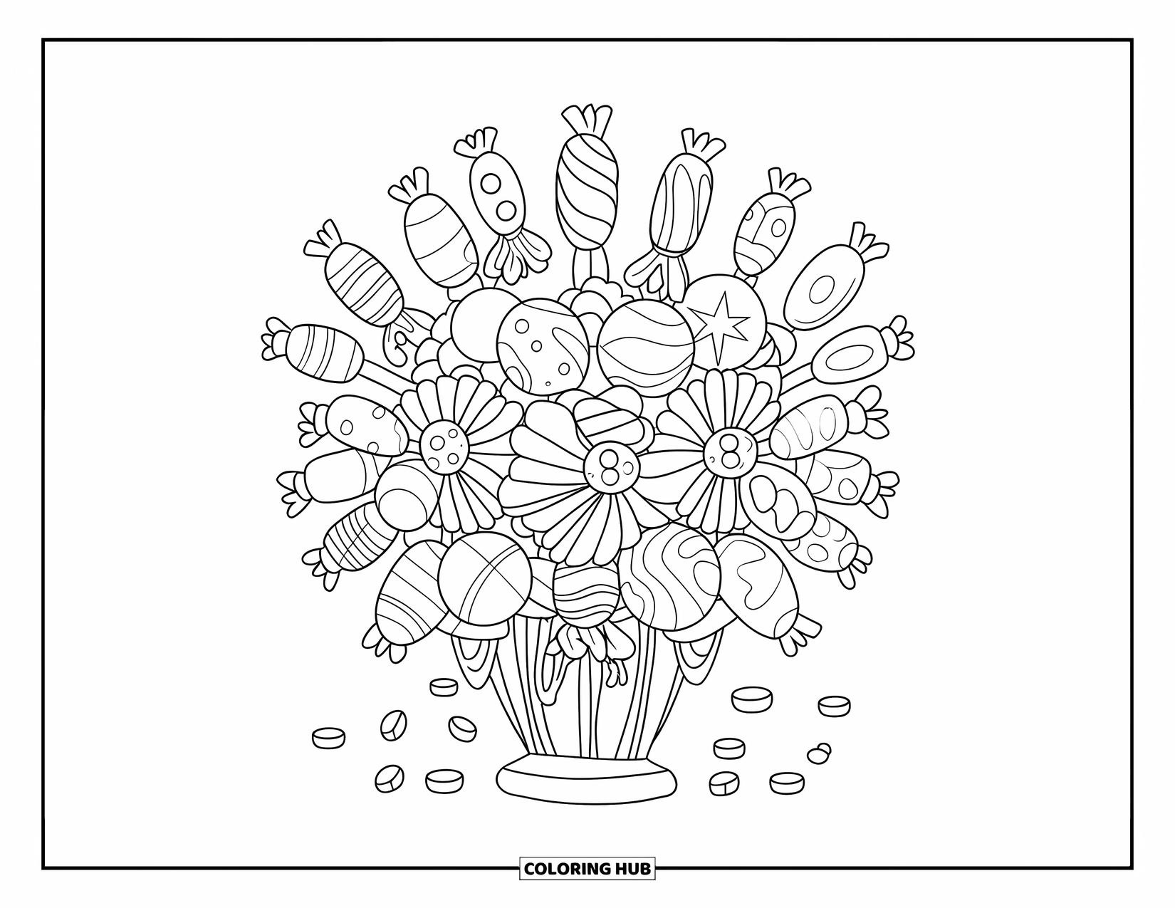 Desenho de Doces para Colorir para Crianças: Um buquê de doces feito de doces embrulhados em vários formatos, dispostos em um vaso com doces espalhados