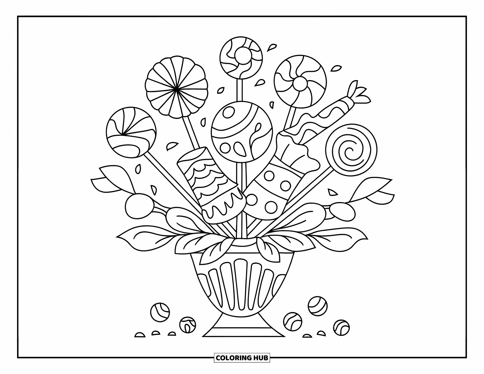 Desenho de Doces para Colorir para Crianças: Um buquê de doces com doces embrulhados dispostos como flores em um vaso, com pequenos doces ao redor