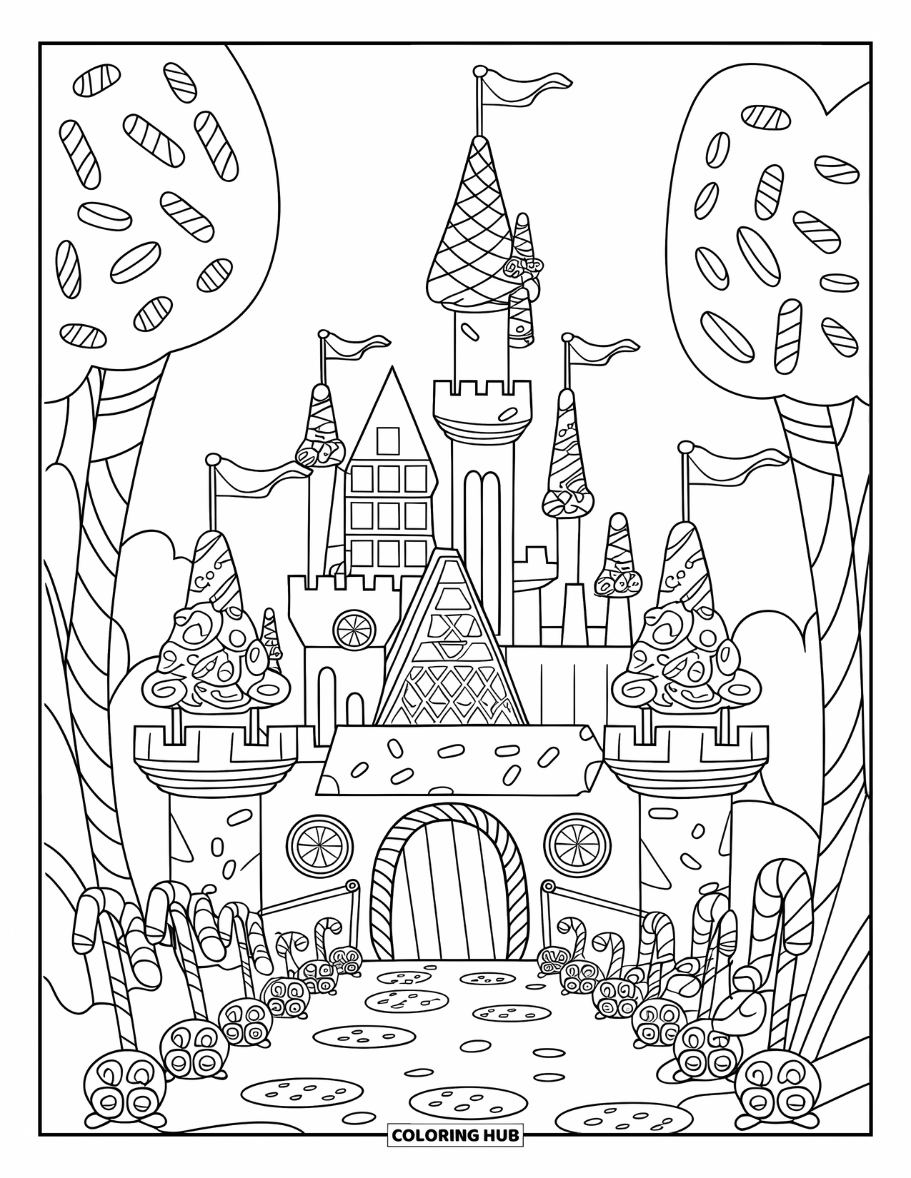 Desenho de Doces para Colorir para Crianças: Um castelo de doces com torres de barra de chocolate, uma ponte levadiça e soldados de bengala doce de guarda