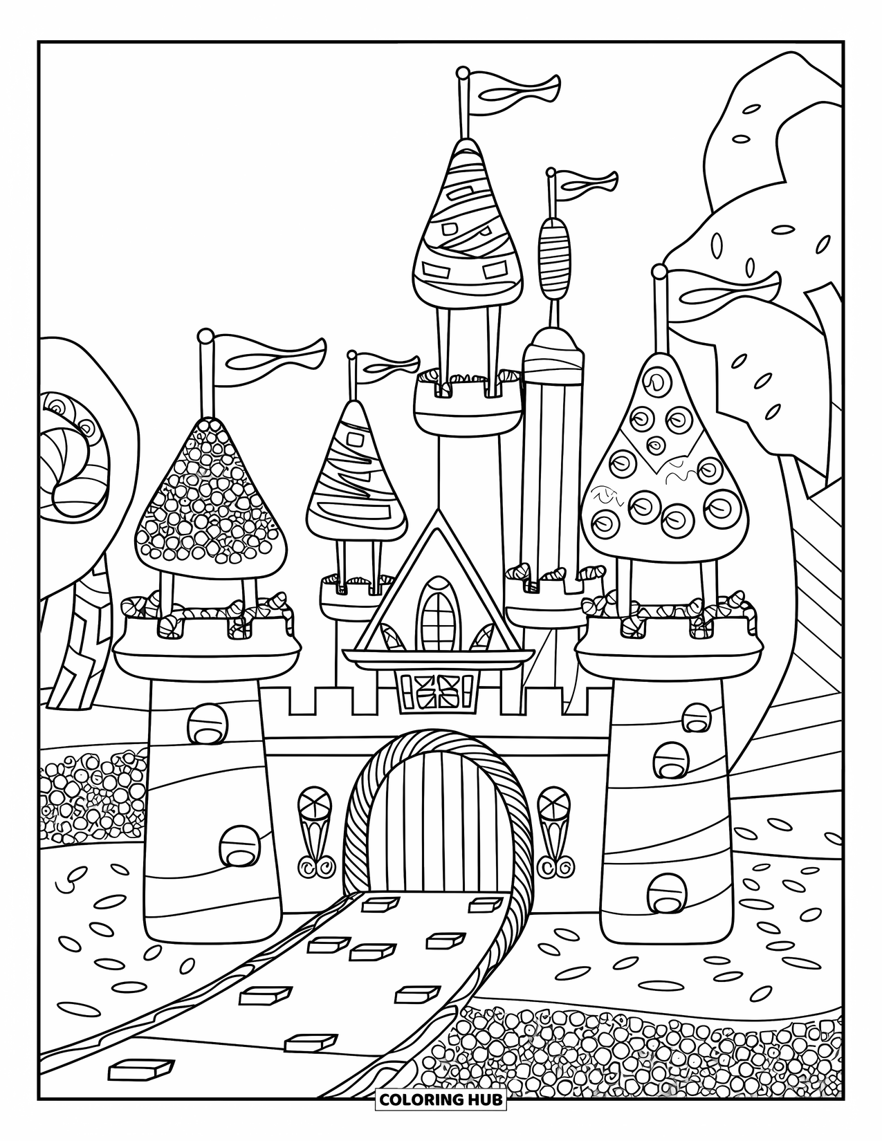Desenho de Doces para Colorir para Crianças: Um castelo de doces com torres de barra de chocolate, um fosso cheio de doces e estruturas de doces ao fundo