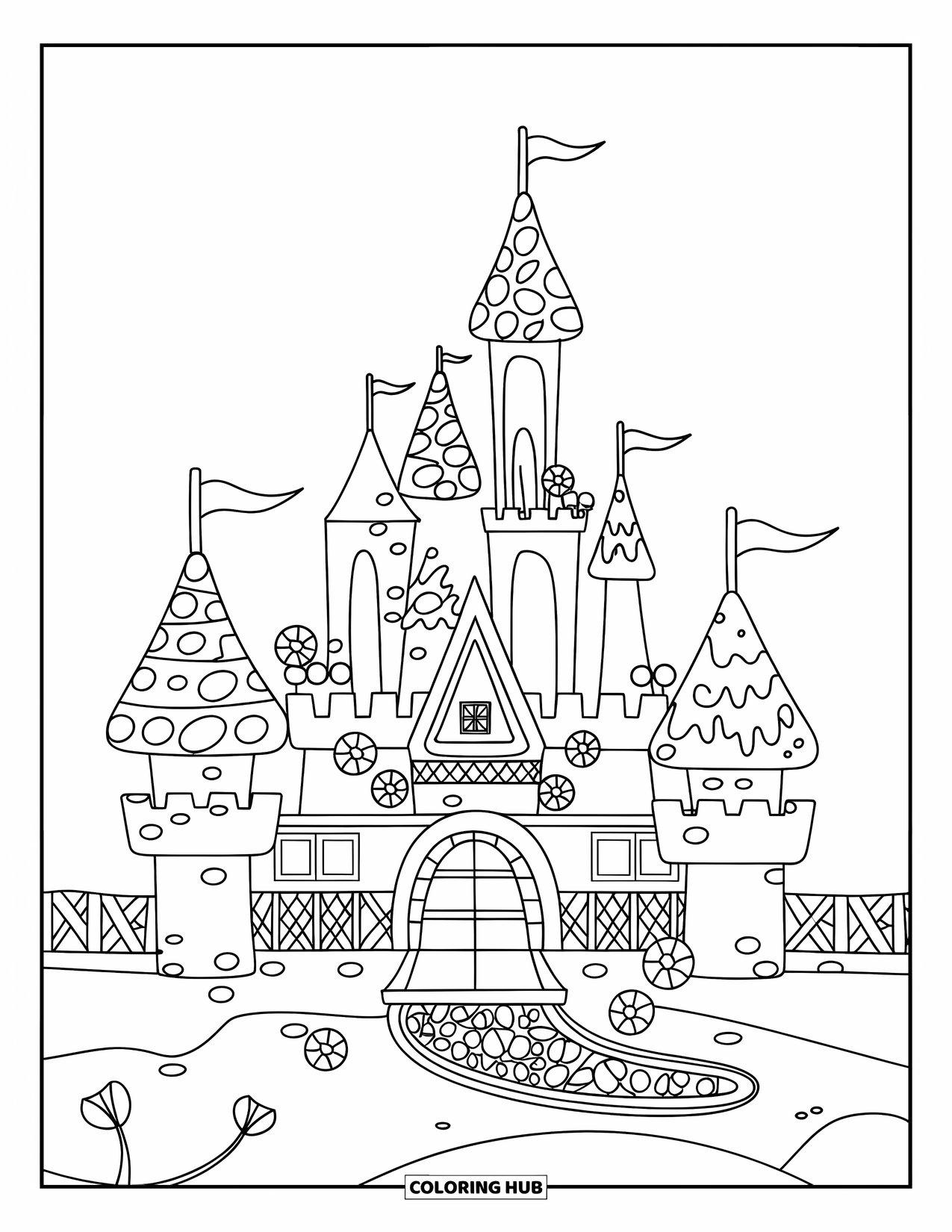 Desenho de Doces para Colorir para Crianças: Um castelo de doces com torres de barra de chocolate, flores de bala de goma e uma ponte levadiça sobre um fosso de bala de goma
