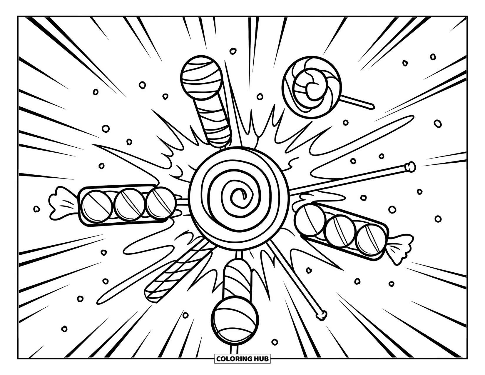 Desenho de Doces para Colorir para Crianças: Uma explosão de doces com pirulitos, chocolates e balas de goma explodindo para fora em um design divertido