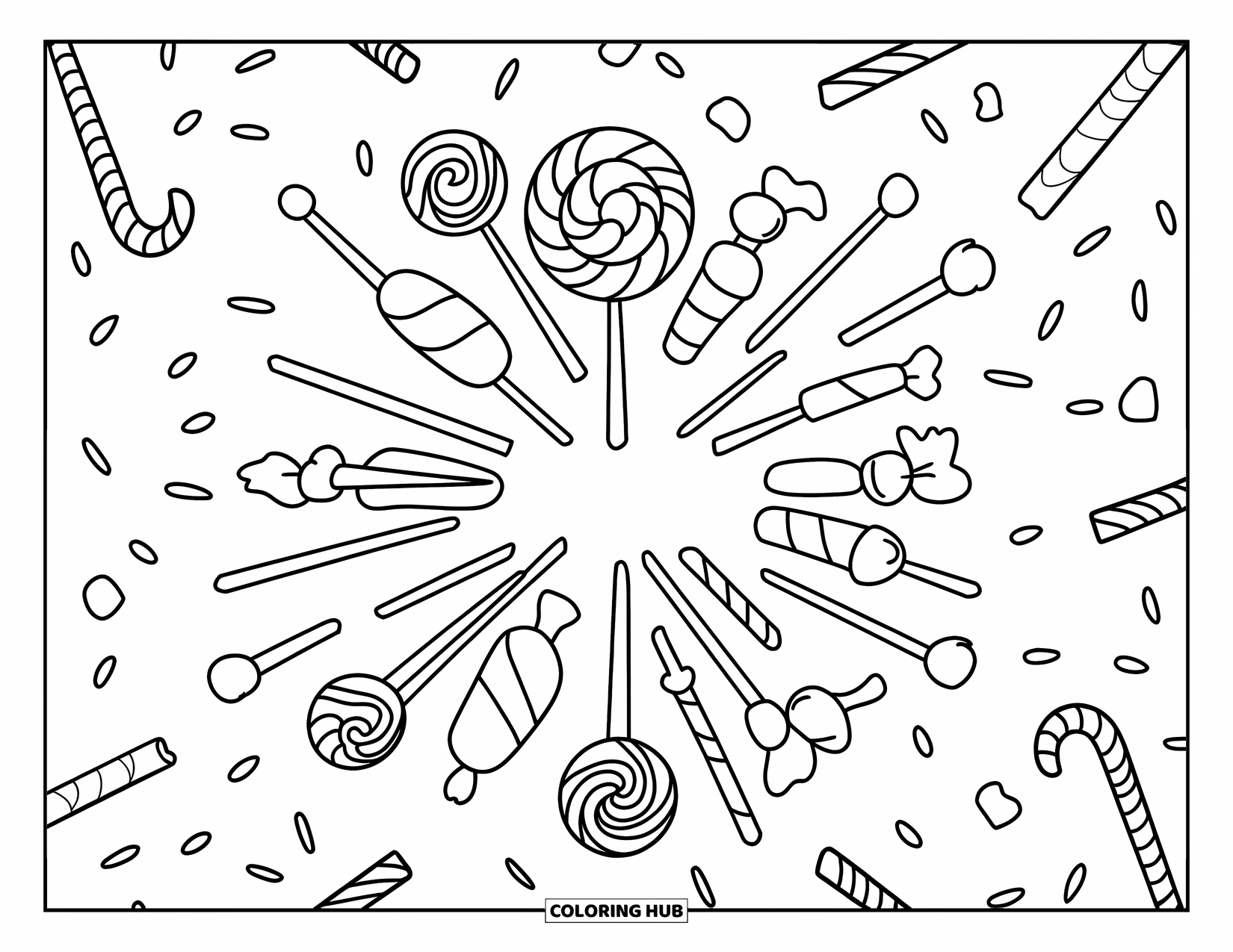 Desenho de Doces para Colorir para Crianças: Uma explosão de doces com pirulitos, chocolates, balas de goma, bengalas doces, marshmallows e granulado