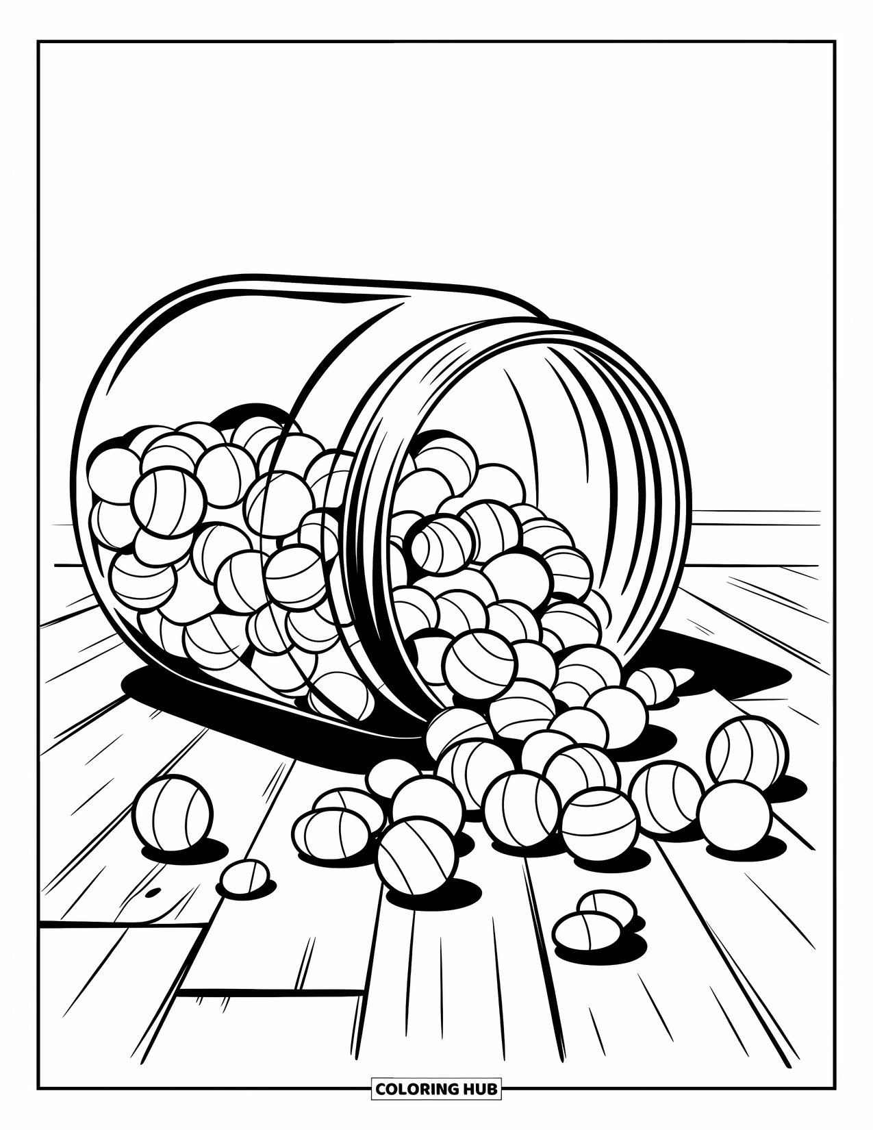 Desenho de Doces para Colorir para Crianças: Um pote de doces tombado com doces derramando em um chão de madeira