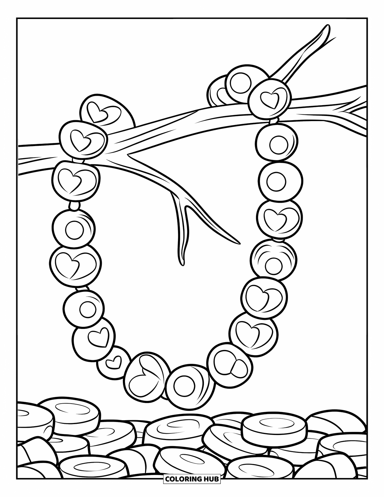 Desenho de Doces para Colorir para Crianças: Um colar de doces com contas em forma de coração e doces redondos, drapeado sobre um galho