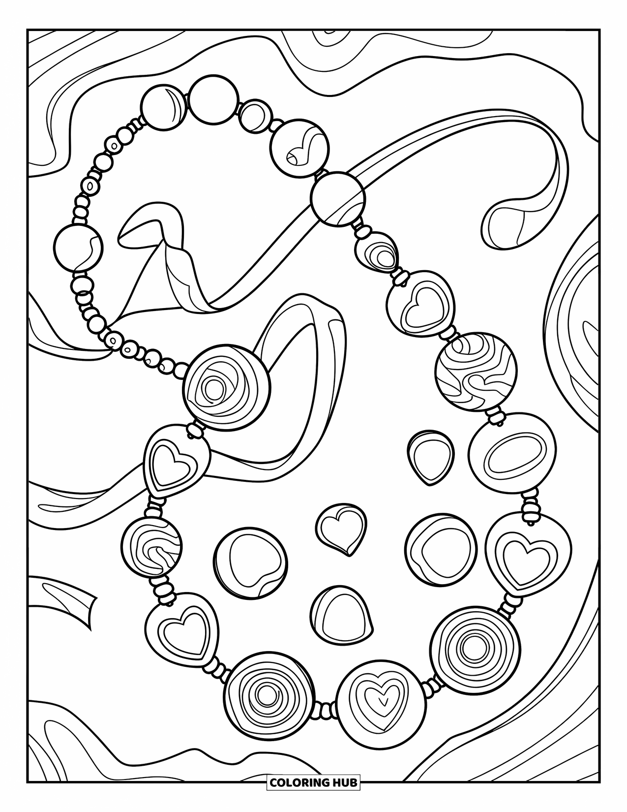 Desenho de Doces para Colorir para Crianças: Um colar de doces com contas em forma de coração e doces redondos, com um fecho, pendurado em um galho