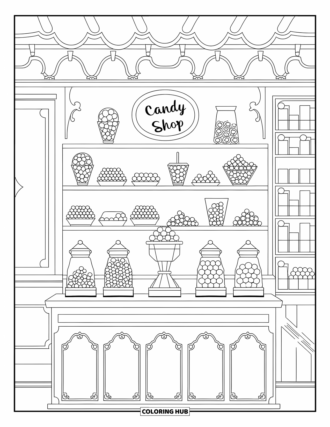 Desenho de Doces para Colorir para Crianças: Um interior de loja de doces com prateleiras cheias de doces e potes no balcão em um design fofo