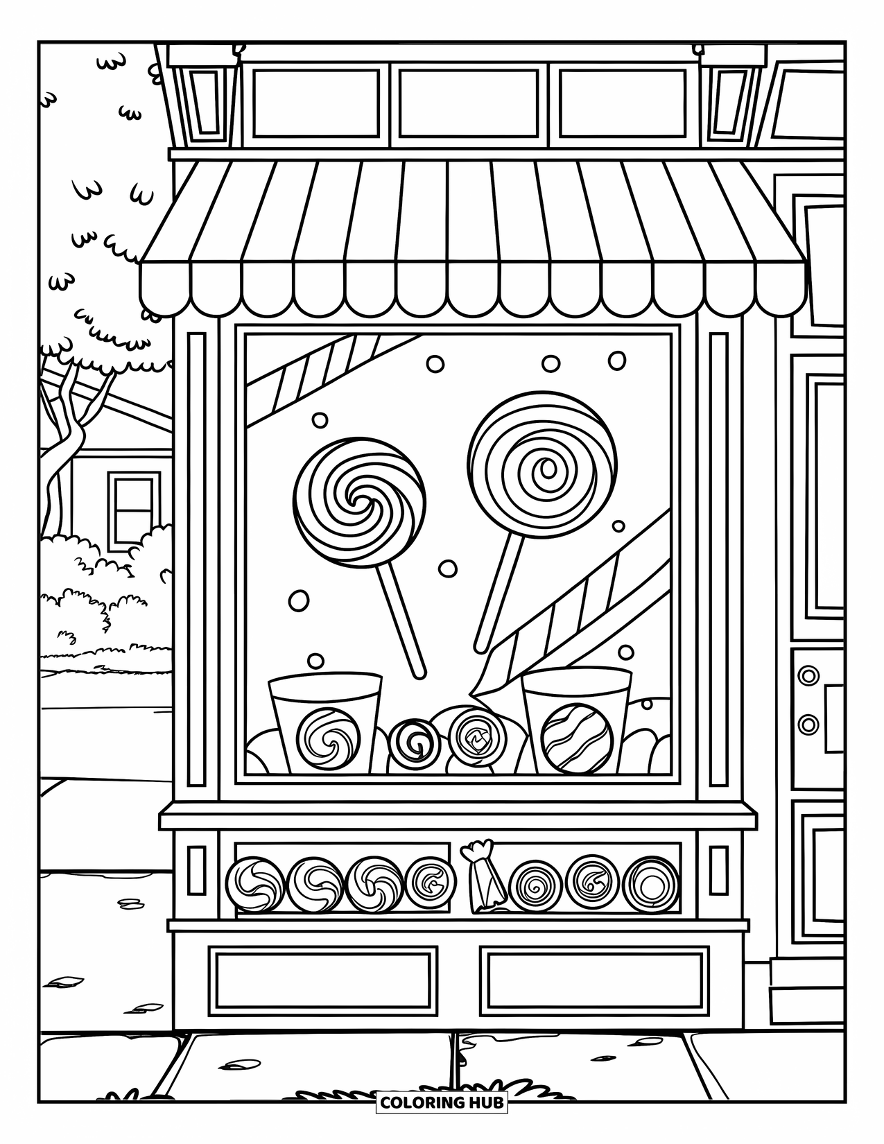 Desenho de Doces para Colorir para Crianças: Uma loja de doces com uma grande janela, toldo listrado rosa e vários doces no parapeito da janela