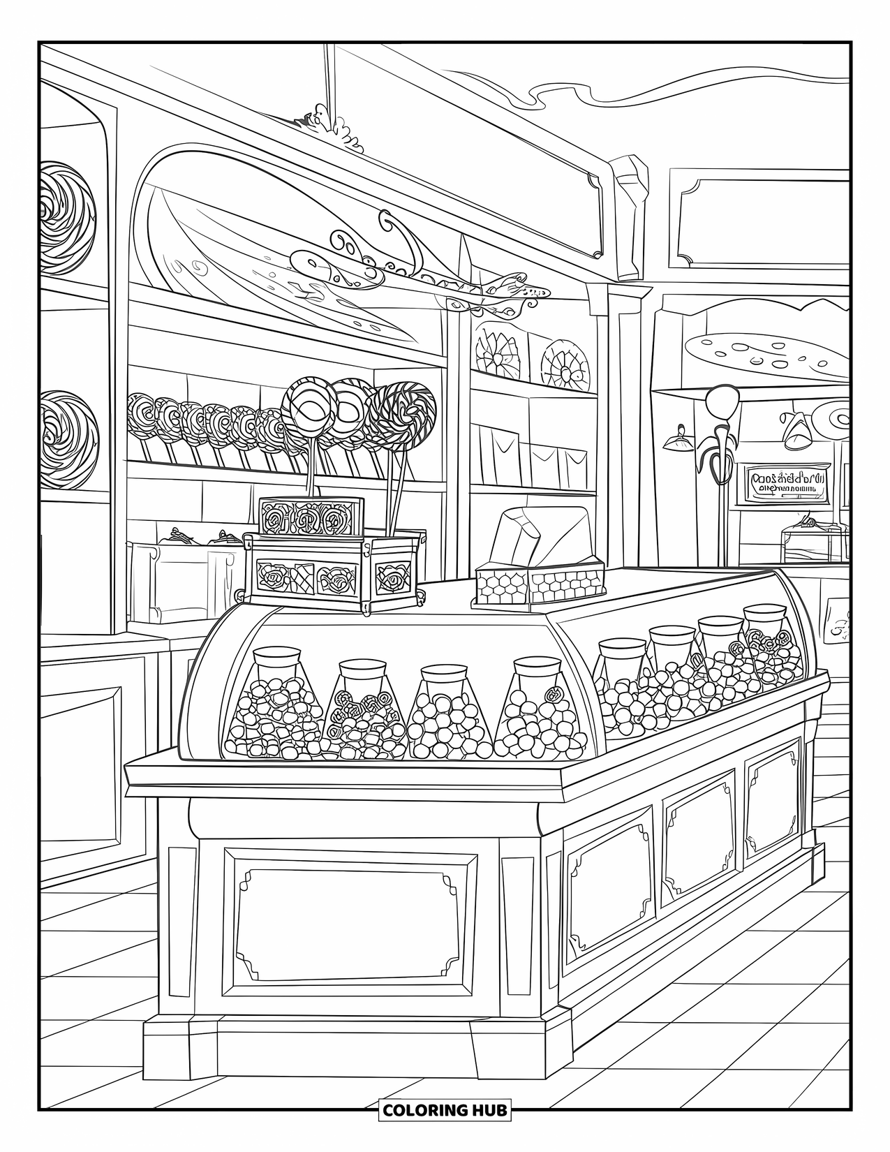 Desenho de Doces para Colorir para Crianças: Uma loja de doces com prateleiras de pirulitos, chocolates, gomas e um chão quadriculado