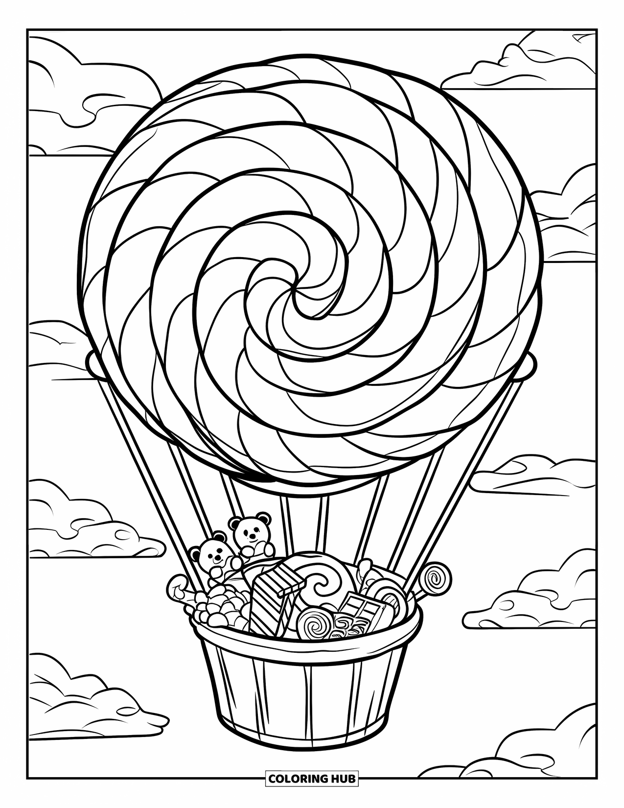 Desenho de Doces para Colorir para Crianças: Um balão de ar quente com tema de doces em forma de pirulito, com uma cesta cheia de doces