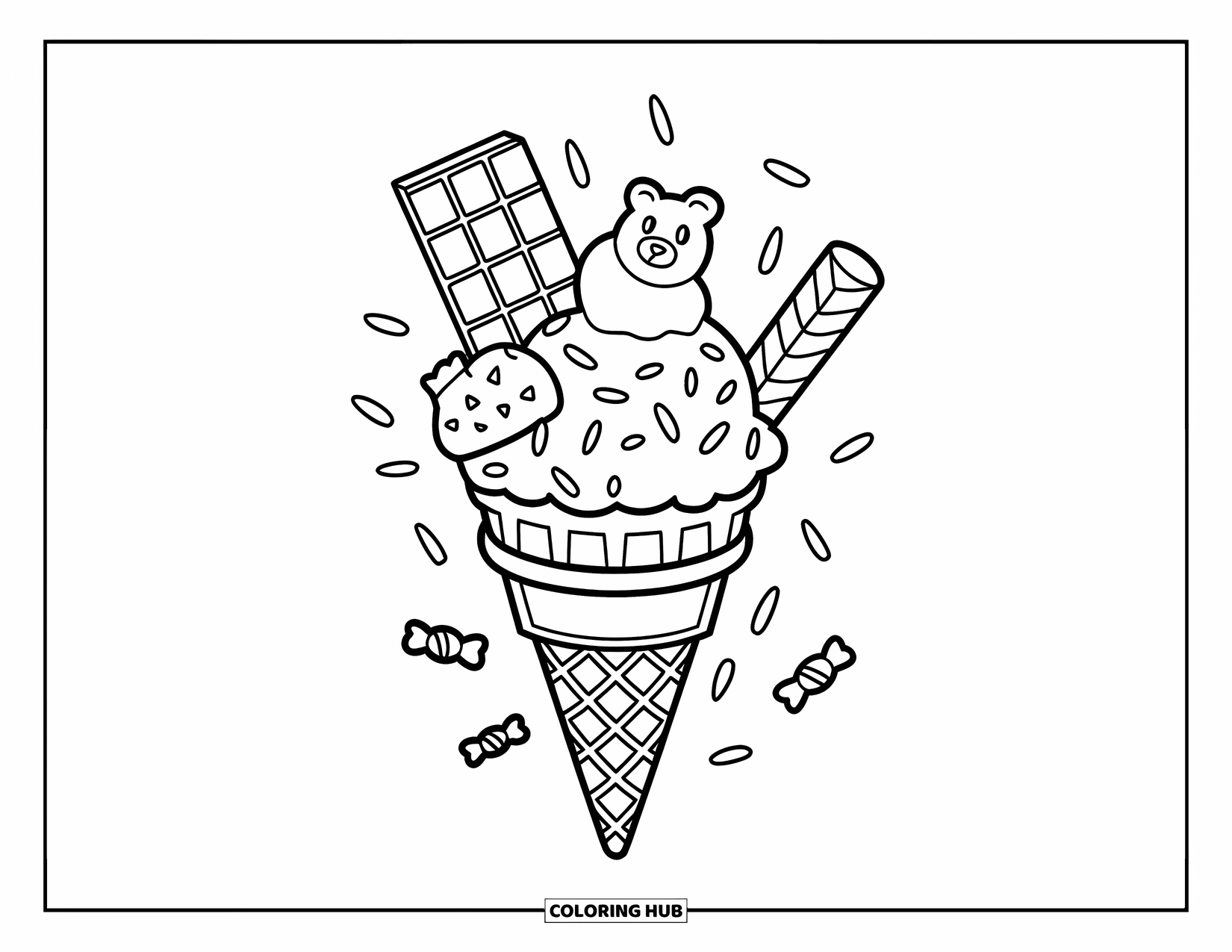 Desenho de Doces para Colorir para Crianças: Uma casquinha de sorvete com tema de doces coberta com uma barra de chocolate, ursinho de goma e granulado