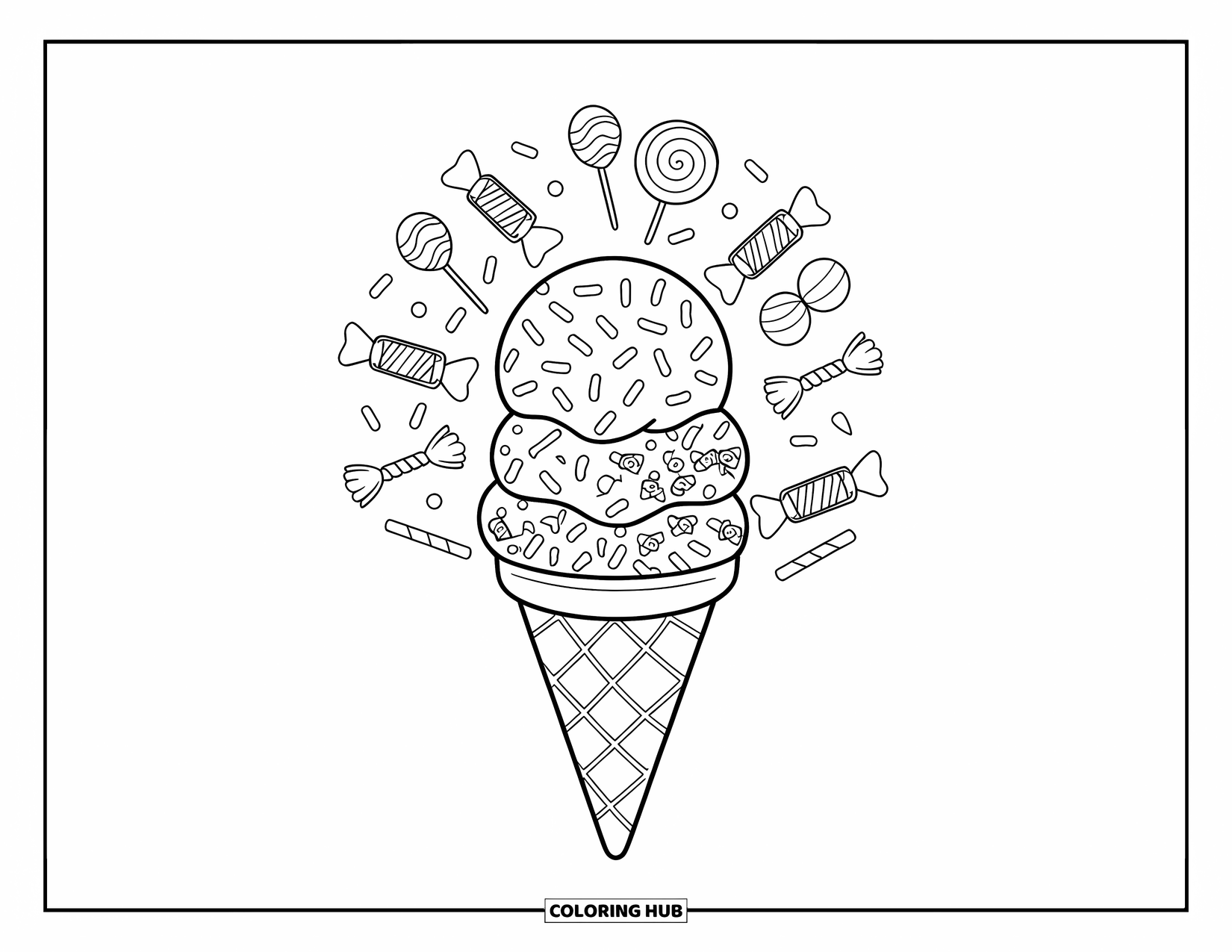 Desenho de Doces para Colorir para Crianças: Uma casquinha de sorvete com tema de doces coberta com granulado e doces embrulhados, como pirulitos e gomas