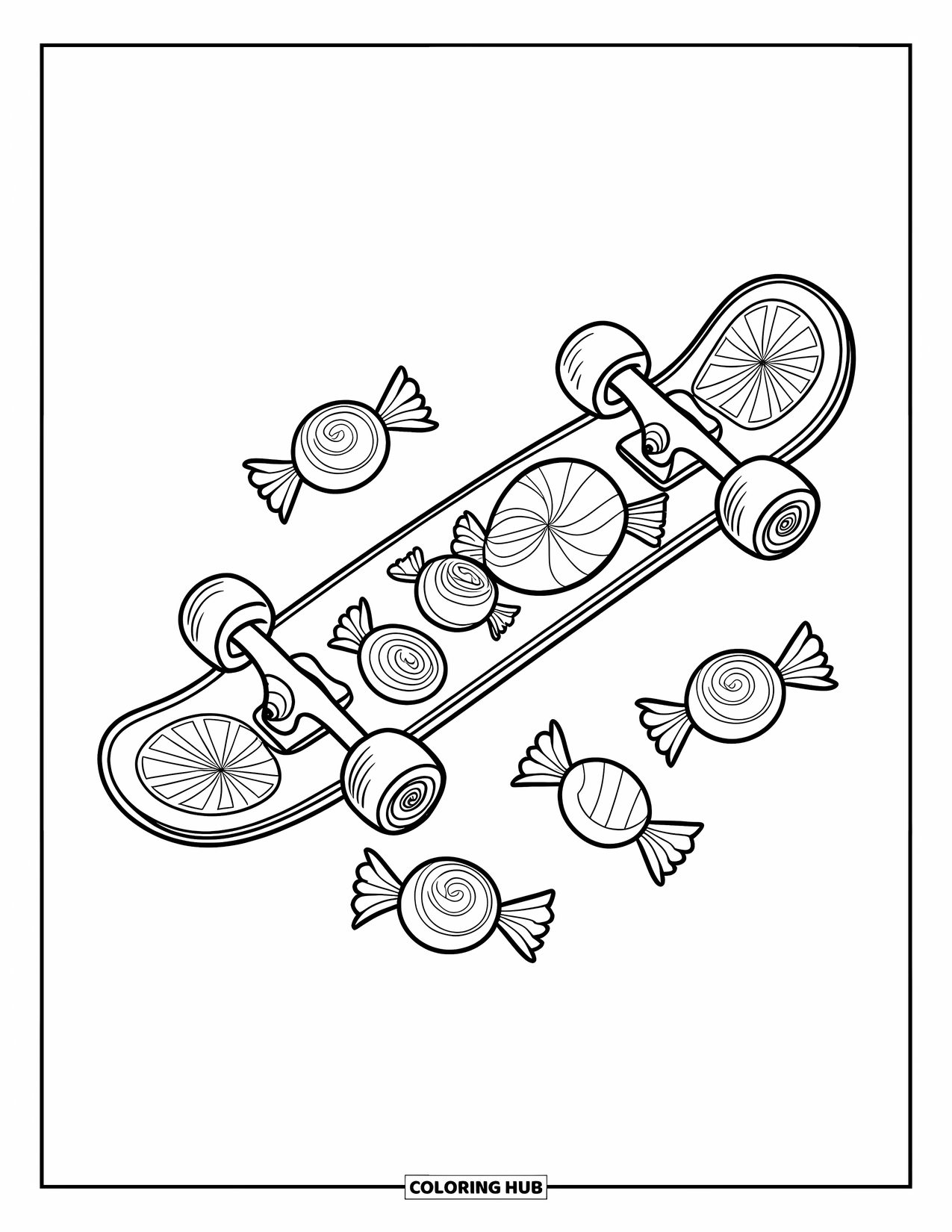 Desenho de Doces para Colorir para Crianças: Um skate com tema de doces com um design curvo e rodas de doces embrulhados, com doces espalhados
