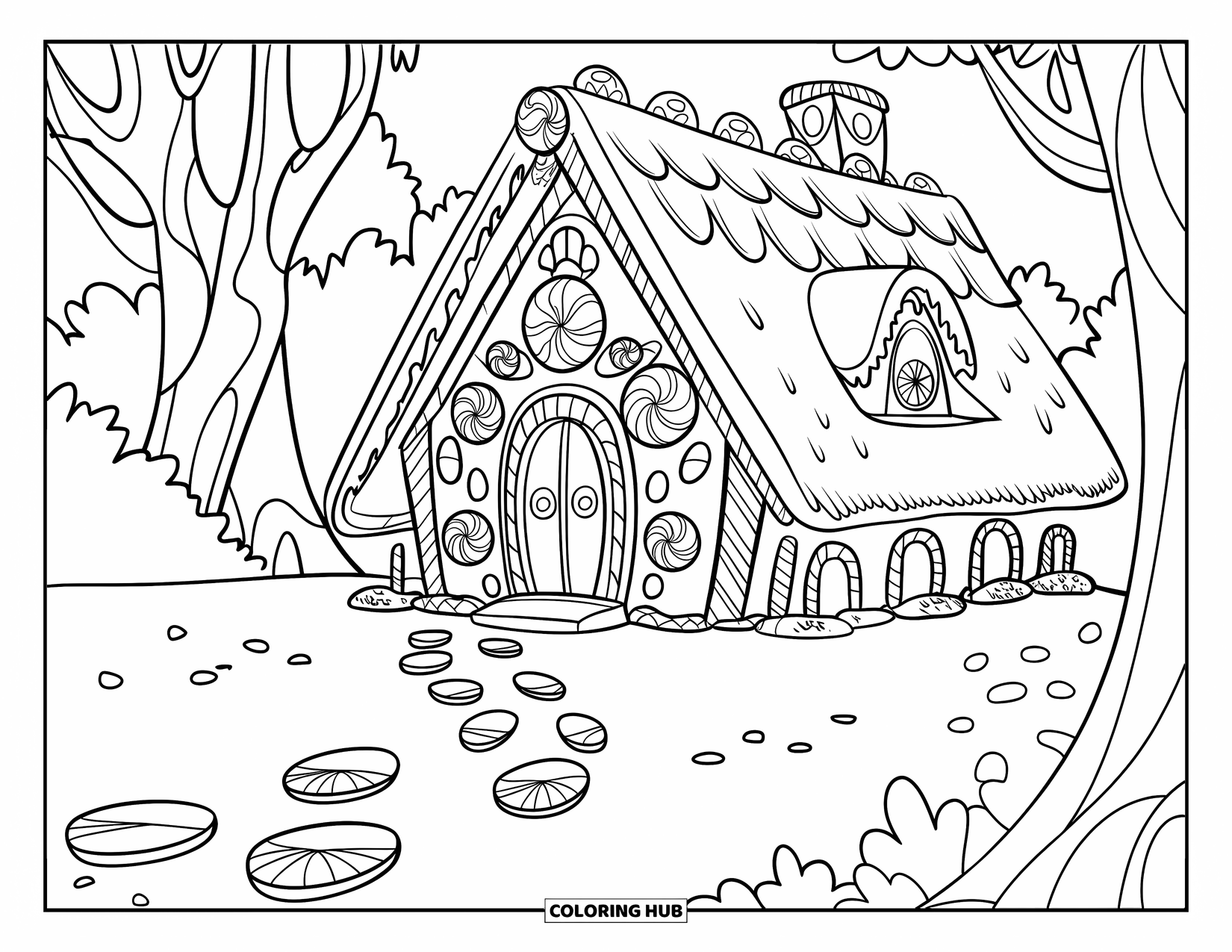 Desenho de Doces para Colorir para Crianças: Uma trilha de doces que leva a uma casa de gengibre decorada com doces e cercada por árvores