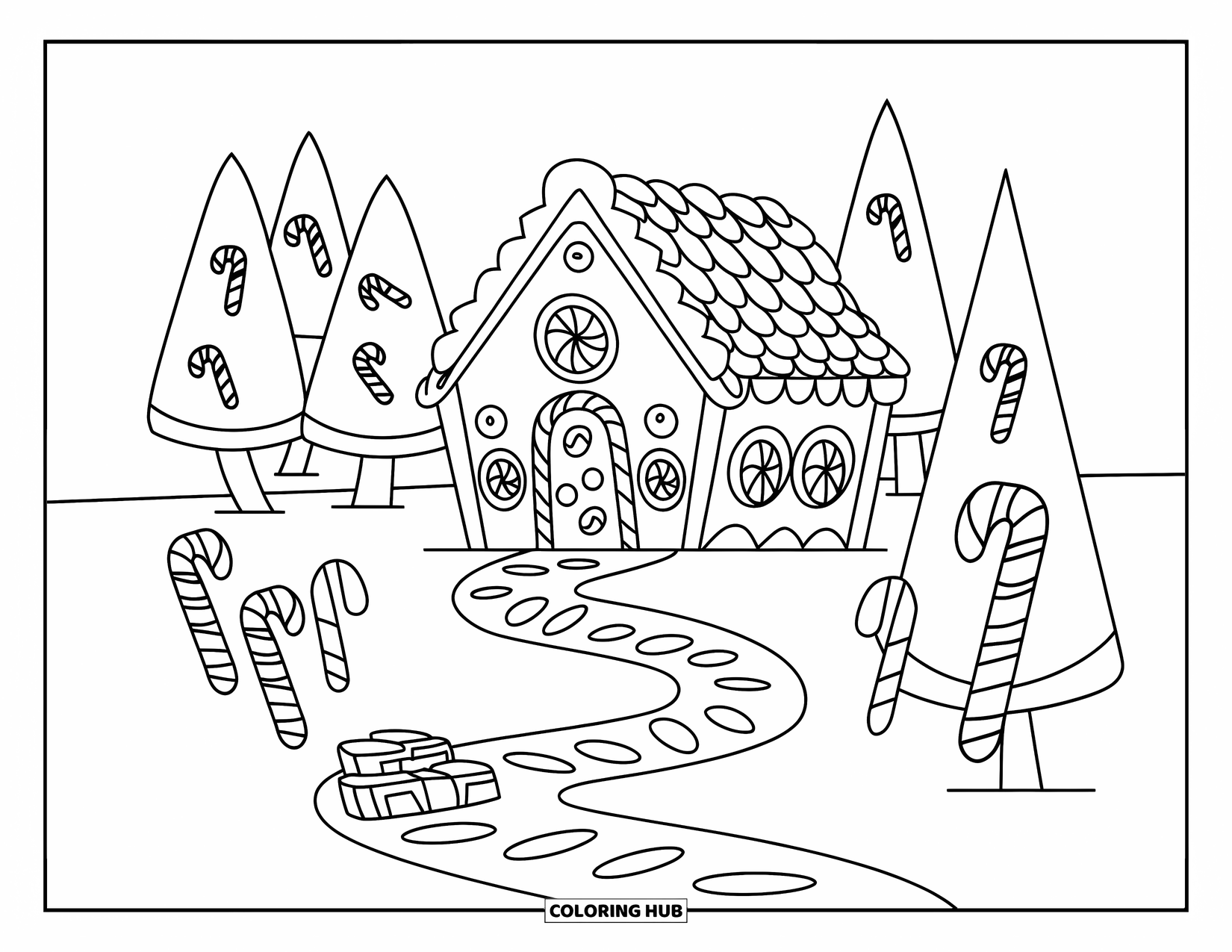 Desenho de Doces para Colorir para Crianças: Uma trilha de doces que leva a uma casa de gengibre com um telhado de bengala doce e decorações de doces