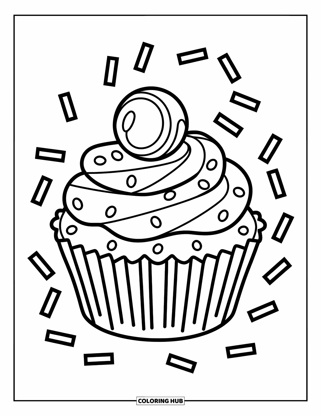 Desenho de Doces para Colorir para Crianças: Um cupcake coberto com um pedaço de doce e polvilhado com alguns granulados extras