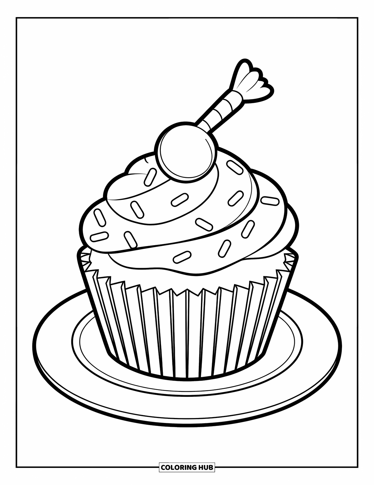 Desenho de Doces para Colorir para Crianças: Um cupcake com um único pedaço de doce em cima, cercado por granulado