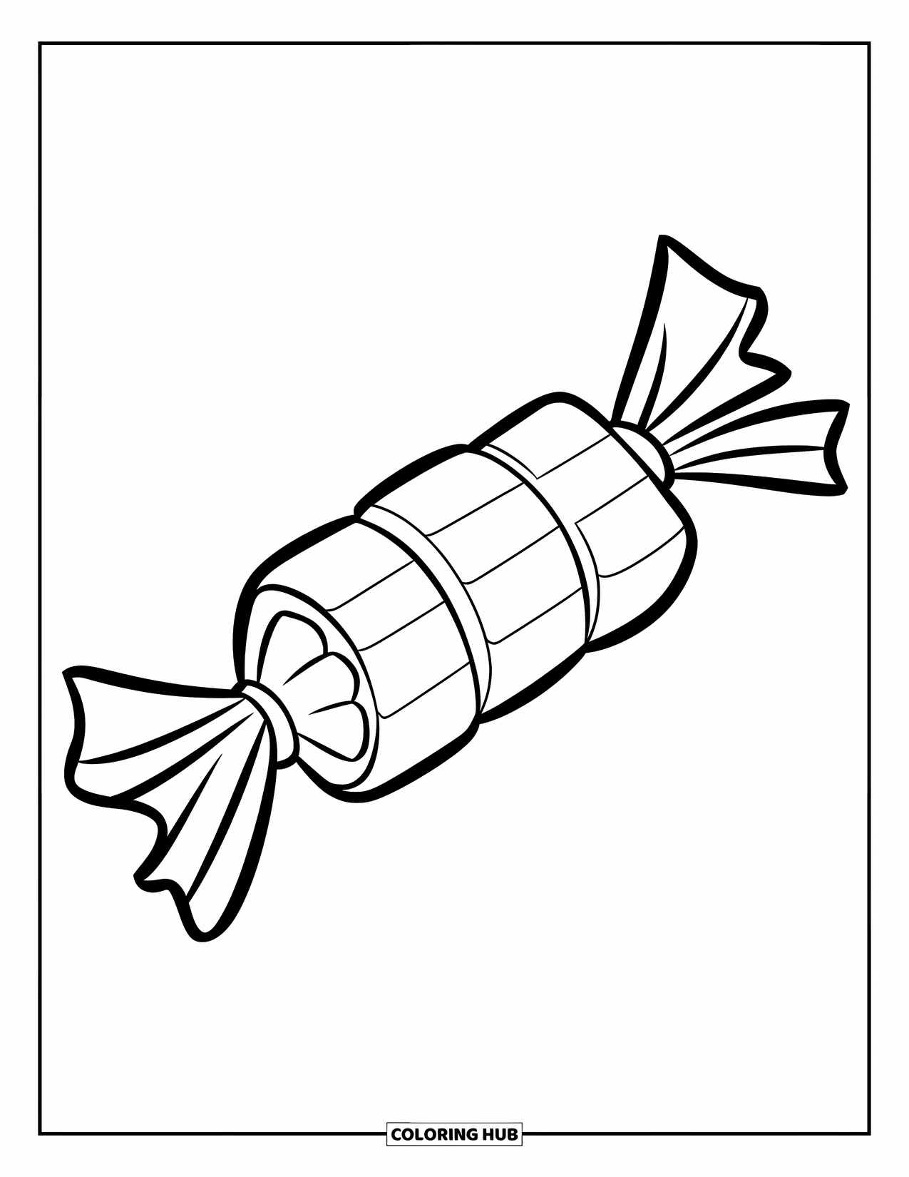 Desenho de Doces para Colorir para Crianças: Um caramelo embrulhado flutuante com pontas marcantes, em um fundo limpo