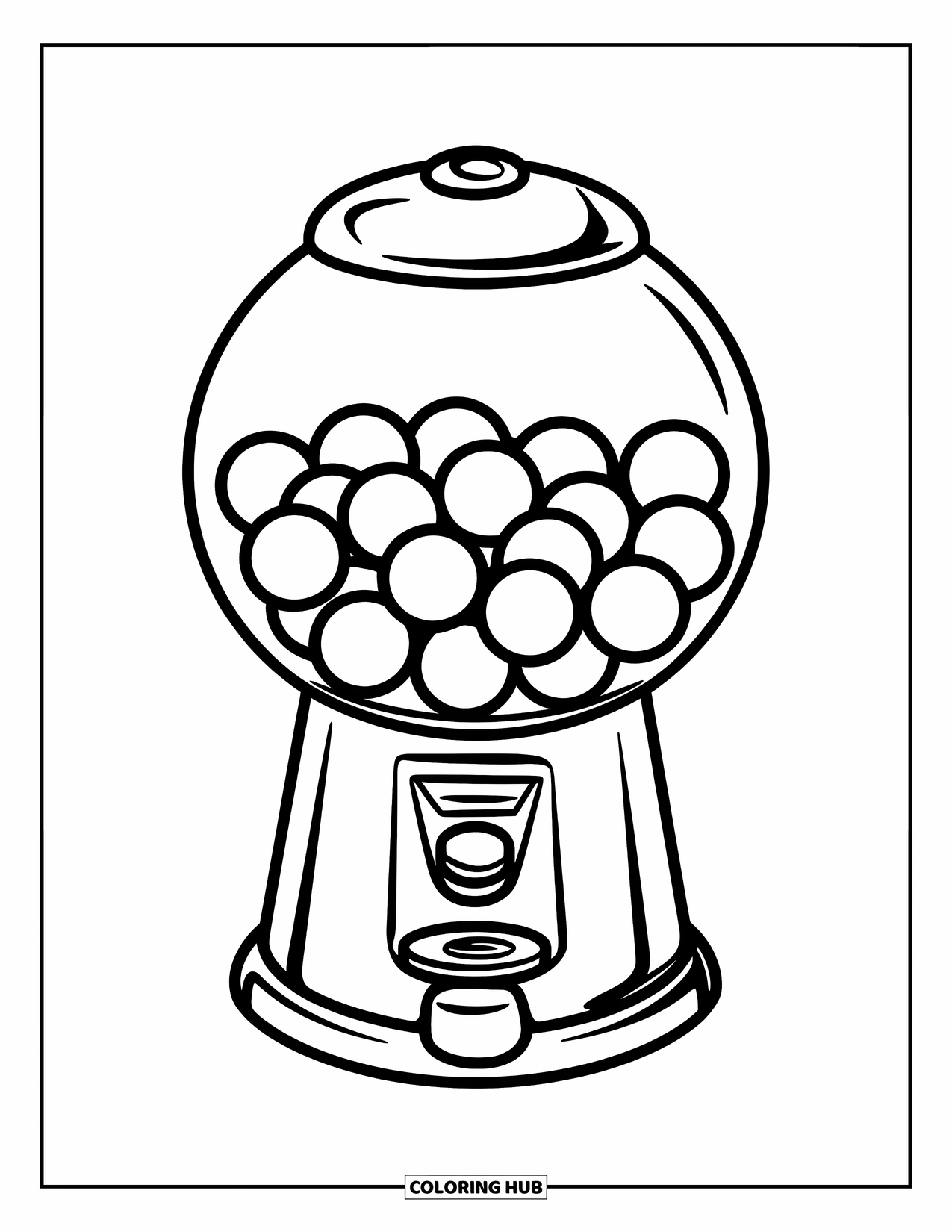 Desenho de Doces para Colorir para Crianças: Uma máquina de chiclete com um corpo redondo, chicletes dentro e uma manivela para dispensar