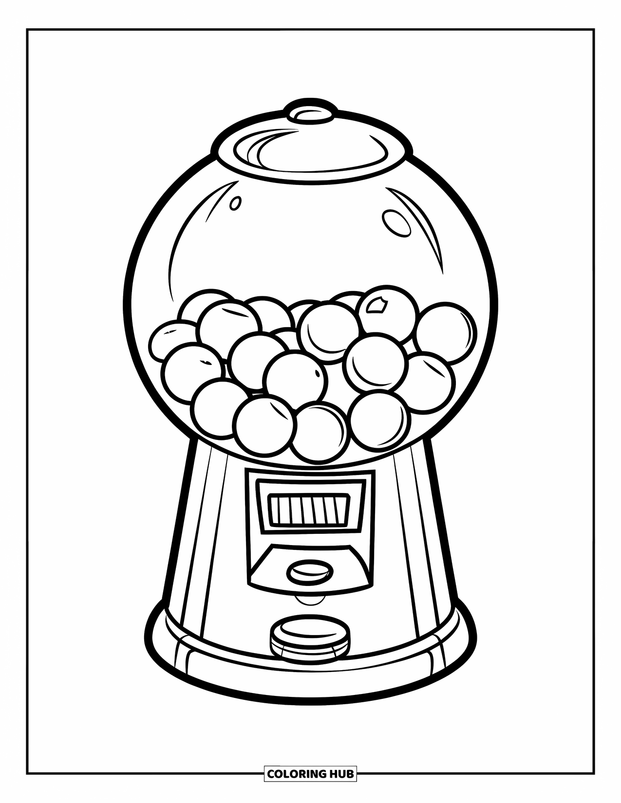 Desenho de Doces para Colorir para Crianças: Uma máquina de chiclete com um corpo redondo, vários chicletes e uma fenda para moedas na parte superior