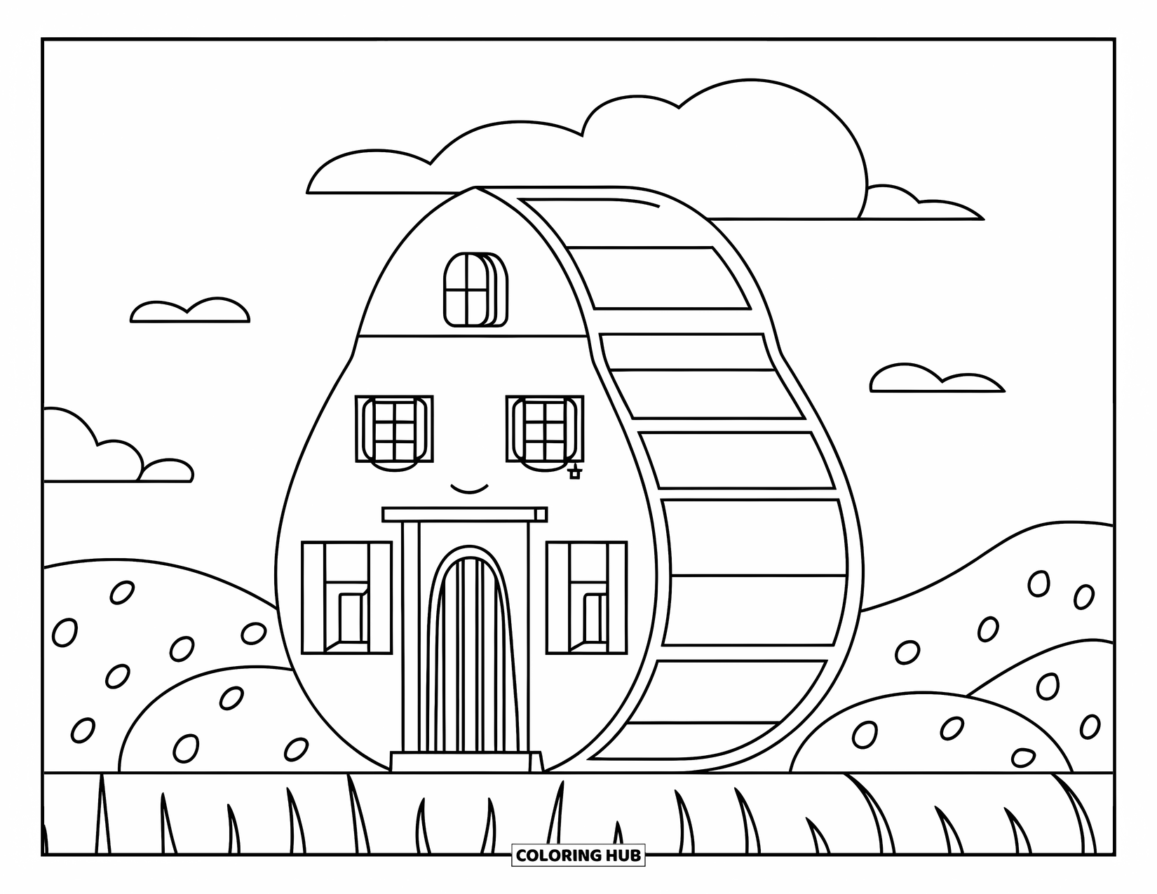 Desenho de Doces para Colorir para Crianças: Uma casa em forma de bala de goma com janelas mínimas, um telhado vermelho e cercada por um campo verde