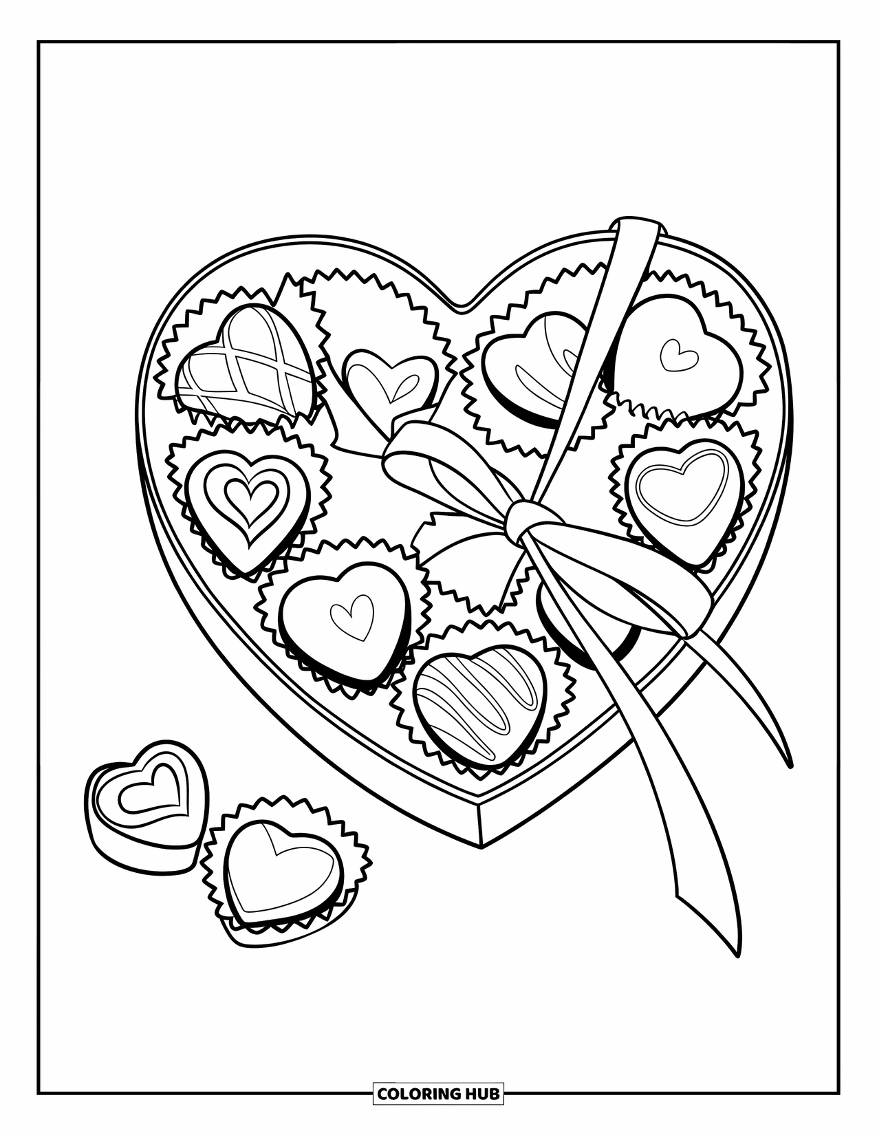 Desenho de Doces para Colorir para Crianças: Uma caixa de chocolates em forma de coração com pedaços de tamanhos diferentes e uma fita amarrada